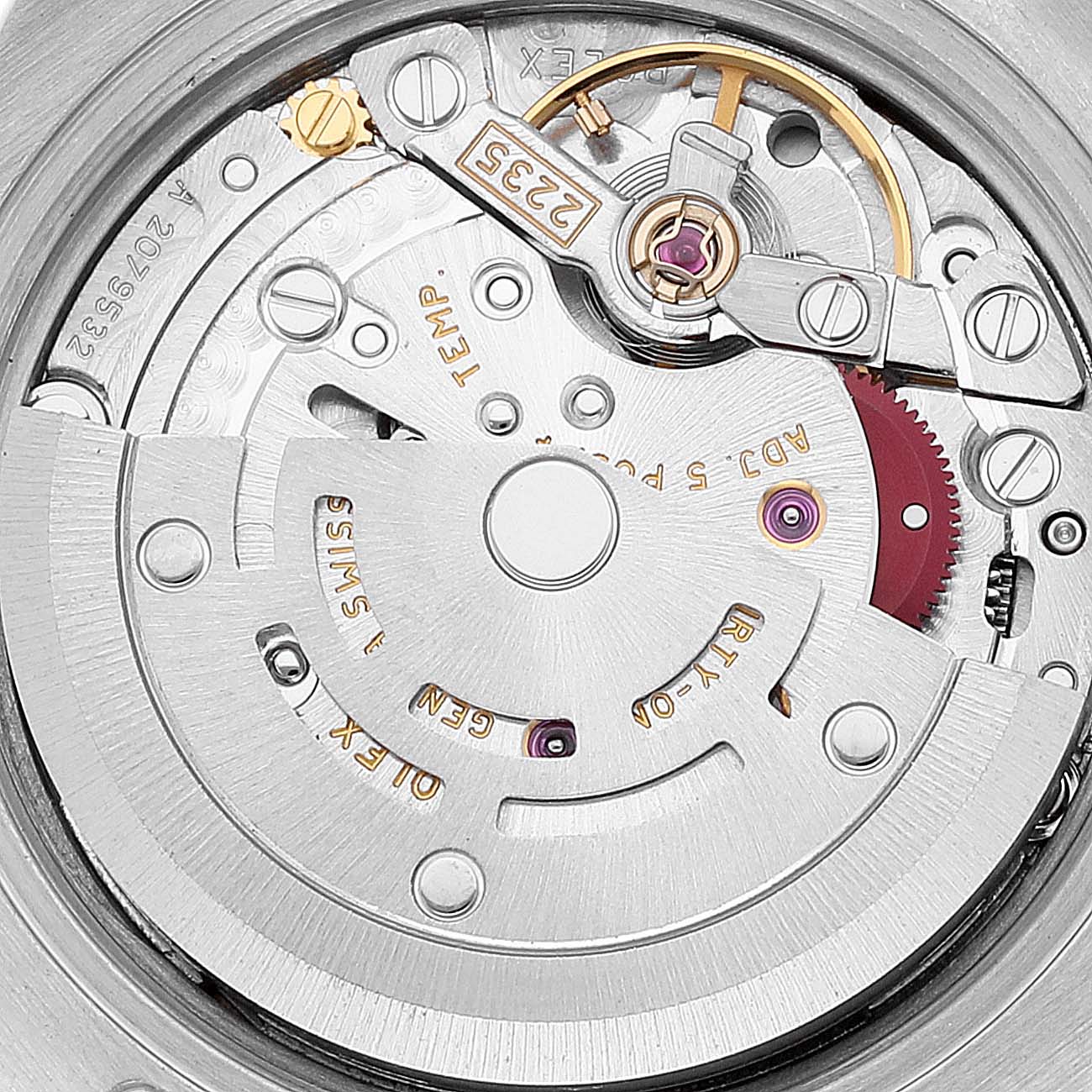 This image shows a close-up view of the movement and internal components of a Rolex Datejust 179173 Women's Steel and Gold (two tone) Blue Dial 179173 Women's Steel and Gold (two tone) Blue Dial watch.