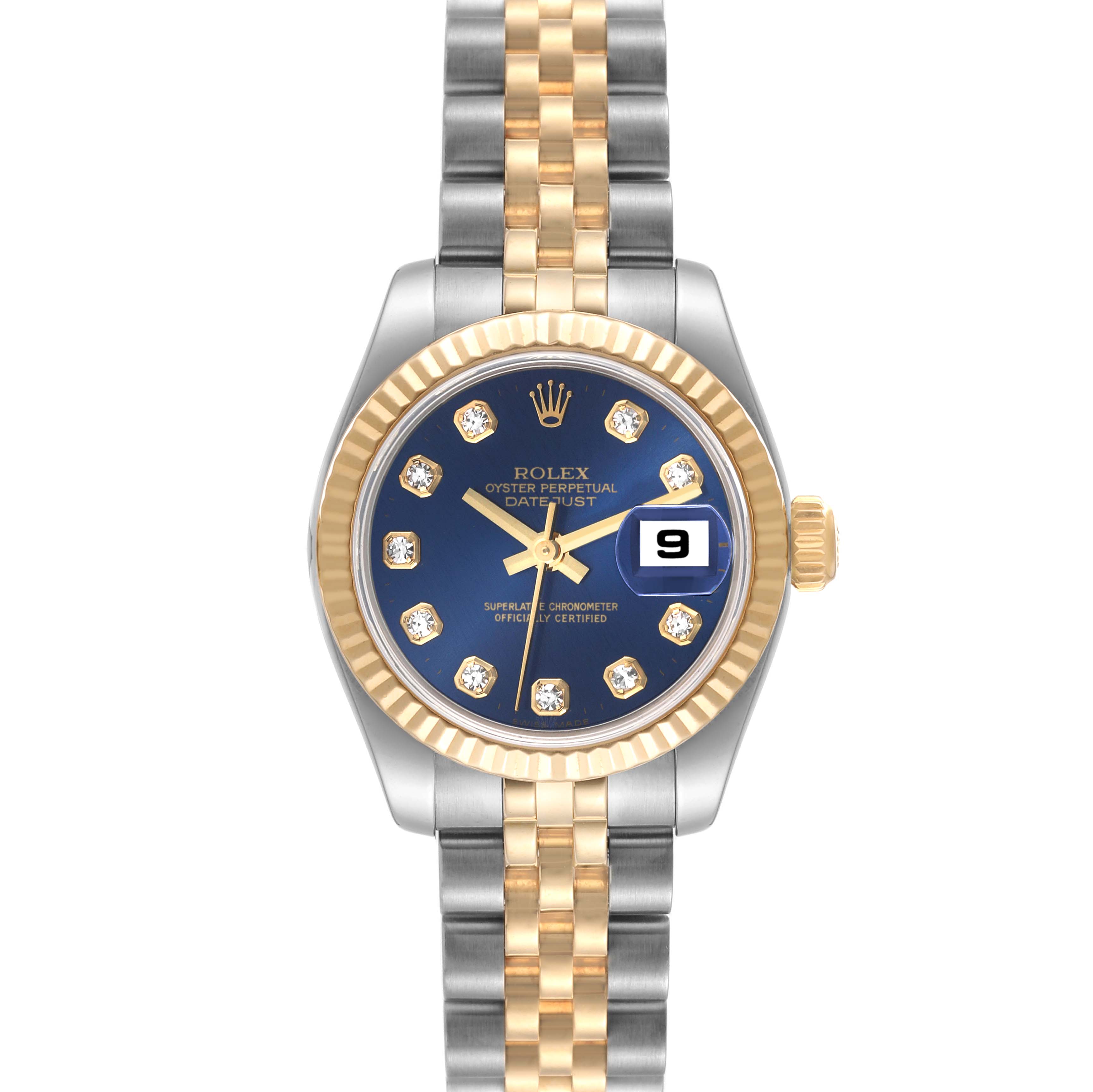 The Rolex Datejust 179173 Women's Steel and Gold (two tone) Blue Dial 179173 Women's Steel and Gold (two tone) Blue Dial model is shown from a front angle, displaying its face, bezel, and two-tone bracelet.