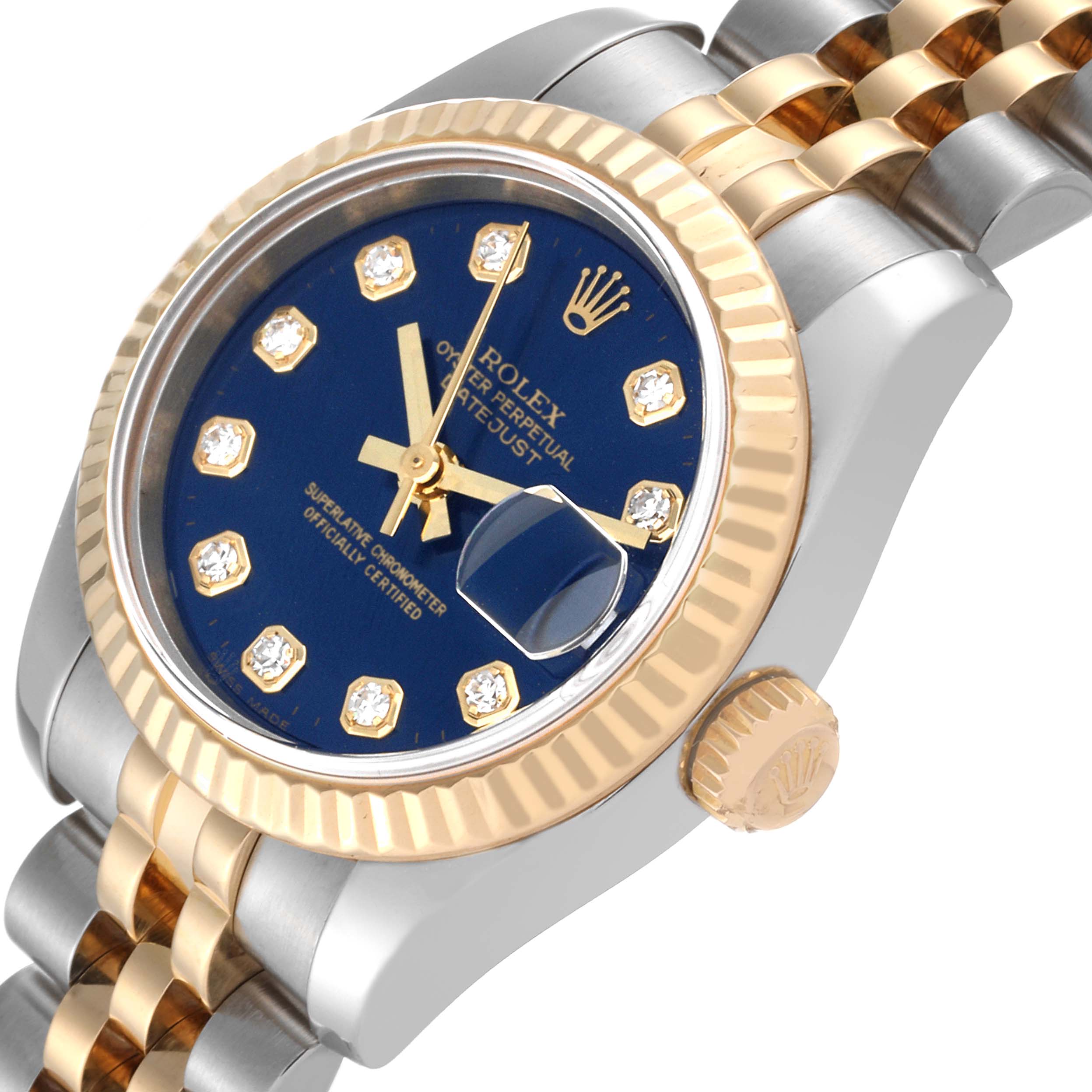 This image shows a Rolex Datejust 179173 Women's Steel and Gold (two tone) Blue Dial 179173 Women's Steel and Gold (two tone) Blue Dial watch at a slight angle, highlighting its dial, bezel, crown, and part of the bracelet.