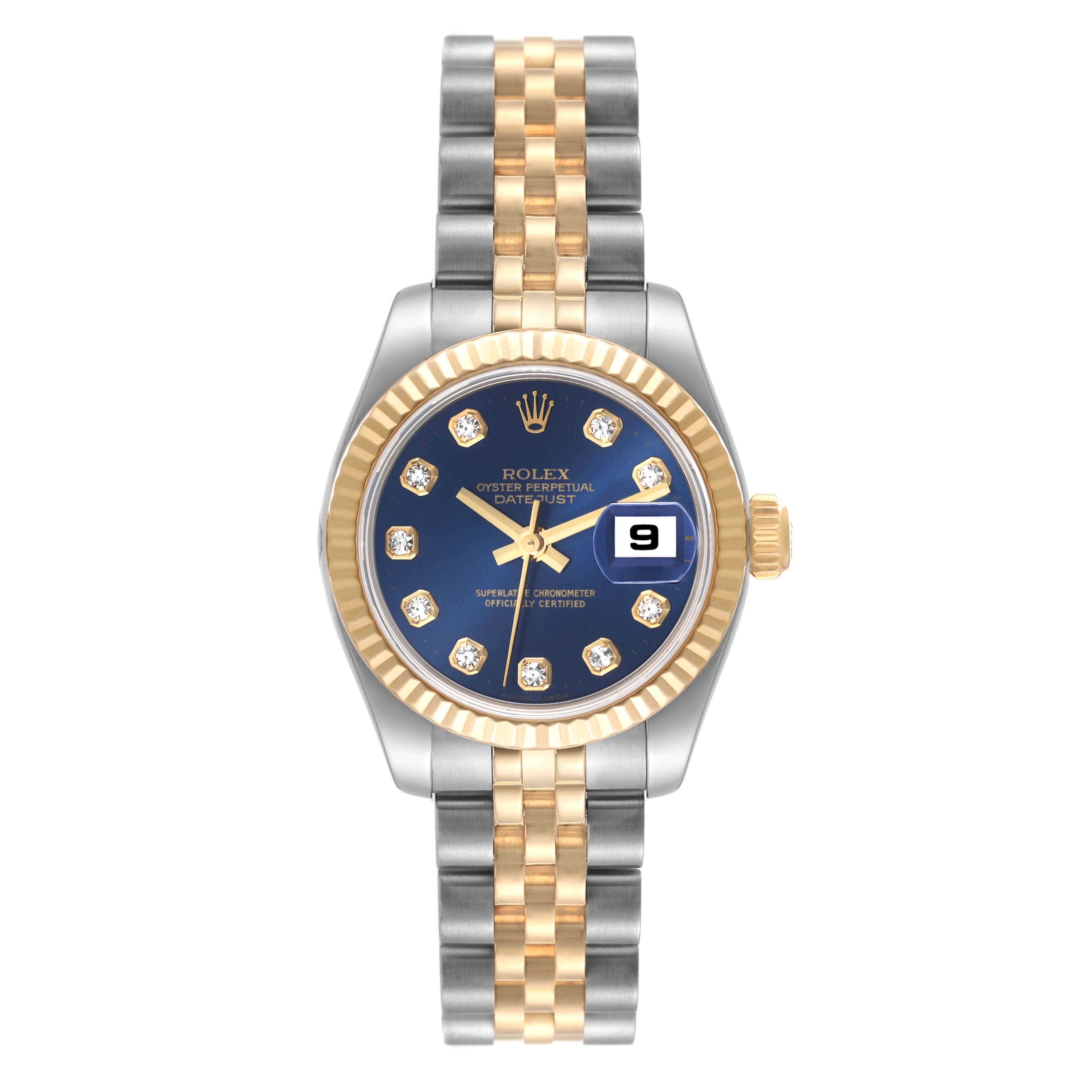 The Rolex Datejust 179173 Women's Steel and Gold (two tone) Blue Dial 179173 Women's Steel and Gold (two tone) Blue Dial watch is shown from a top-down angle, highlighting its dial, bezel, and two-tone bracelet.