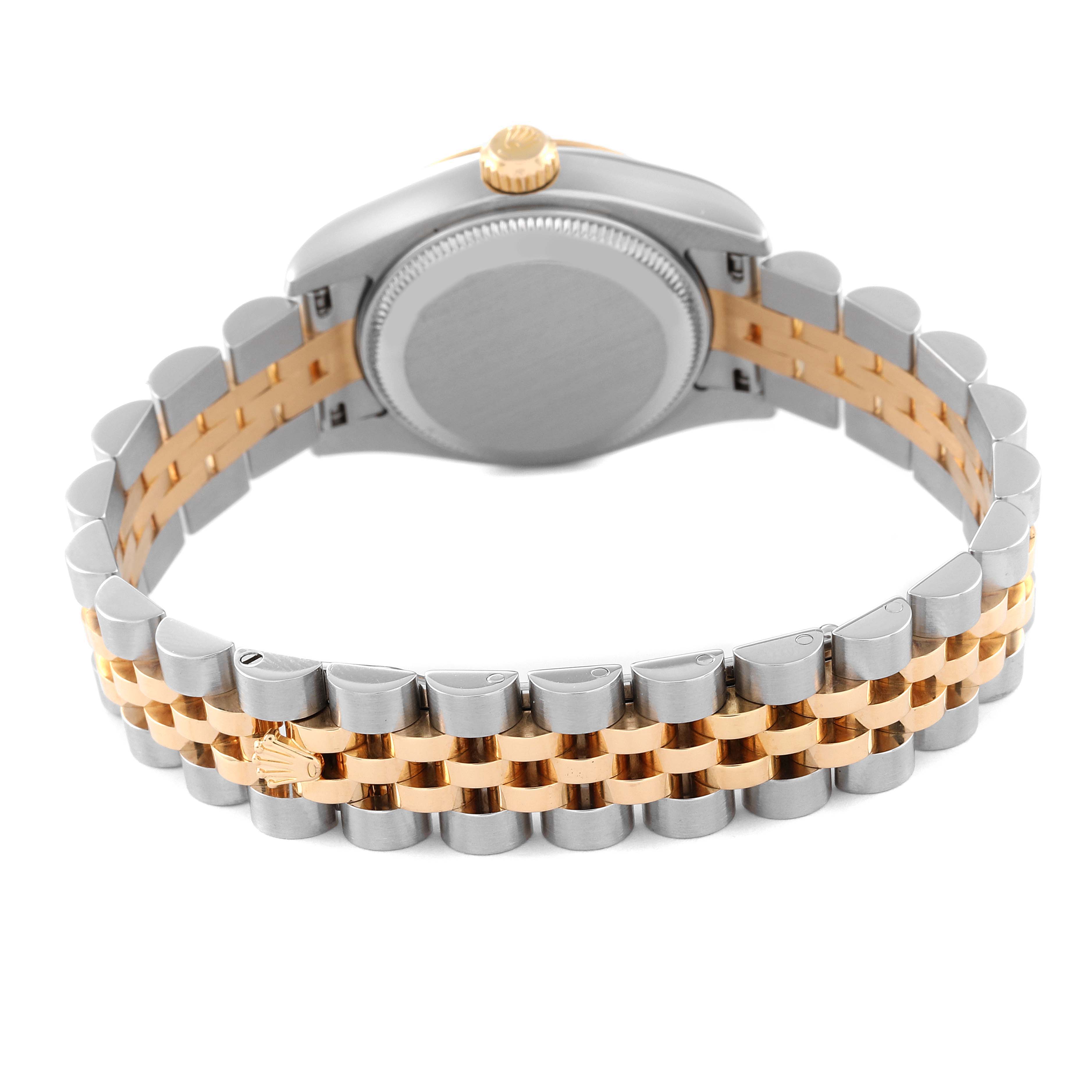 The image shows the back case and bracelet of a Rolex Datejust 179173 Women's Steel and Gold (two tone) Blue Dial 179173 Women's Steel and Gold (two tone) Blue Dial watch, focusing on its two-tone metal links.