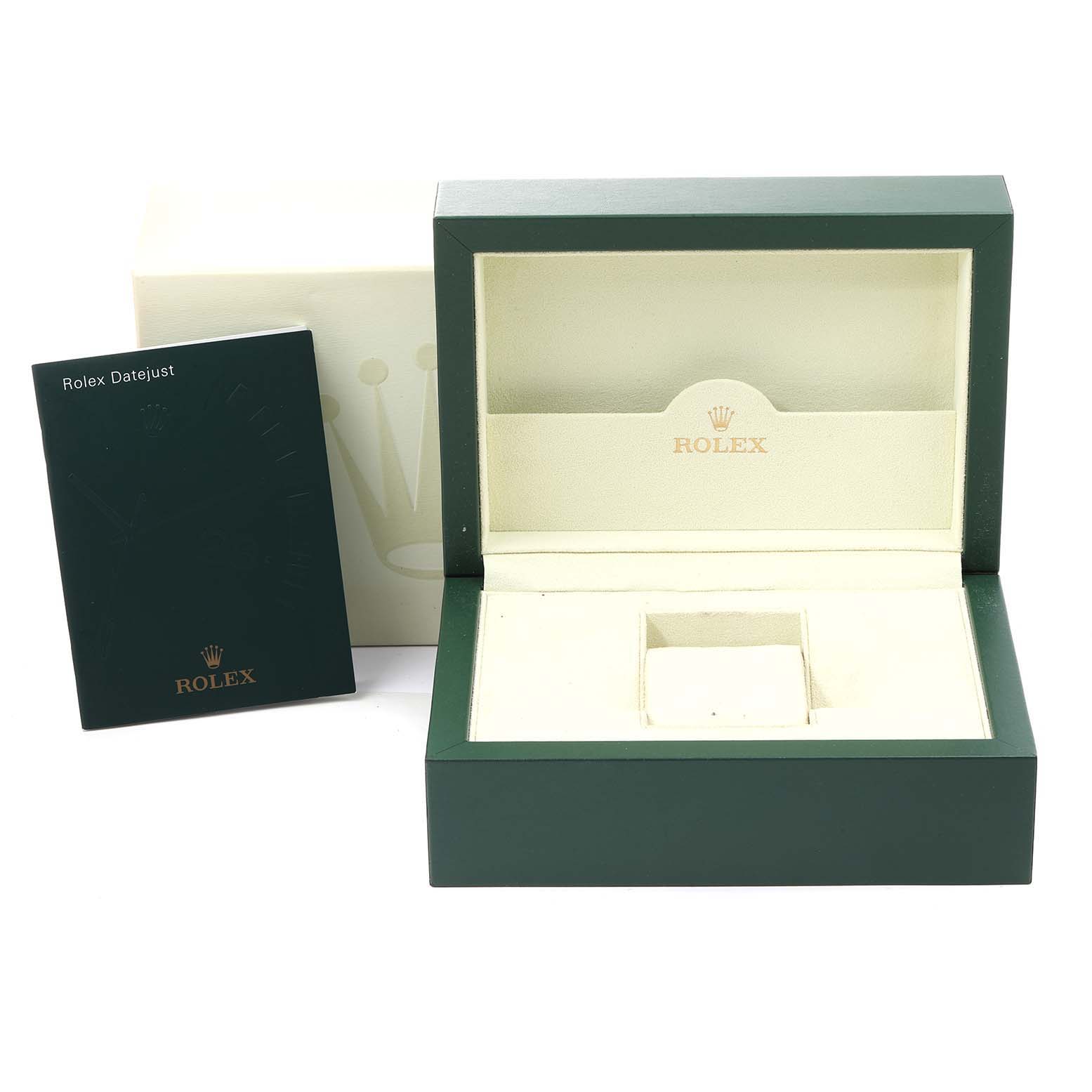 The image shows an open Rolex Turn-o-Graph 116264 Men
s Stainless Steel Black Dial 116264 Men
s Stainless Steel Black Dial watch box and an accompanying booklet, with the brand prominently displayed.