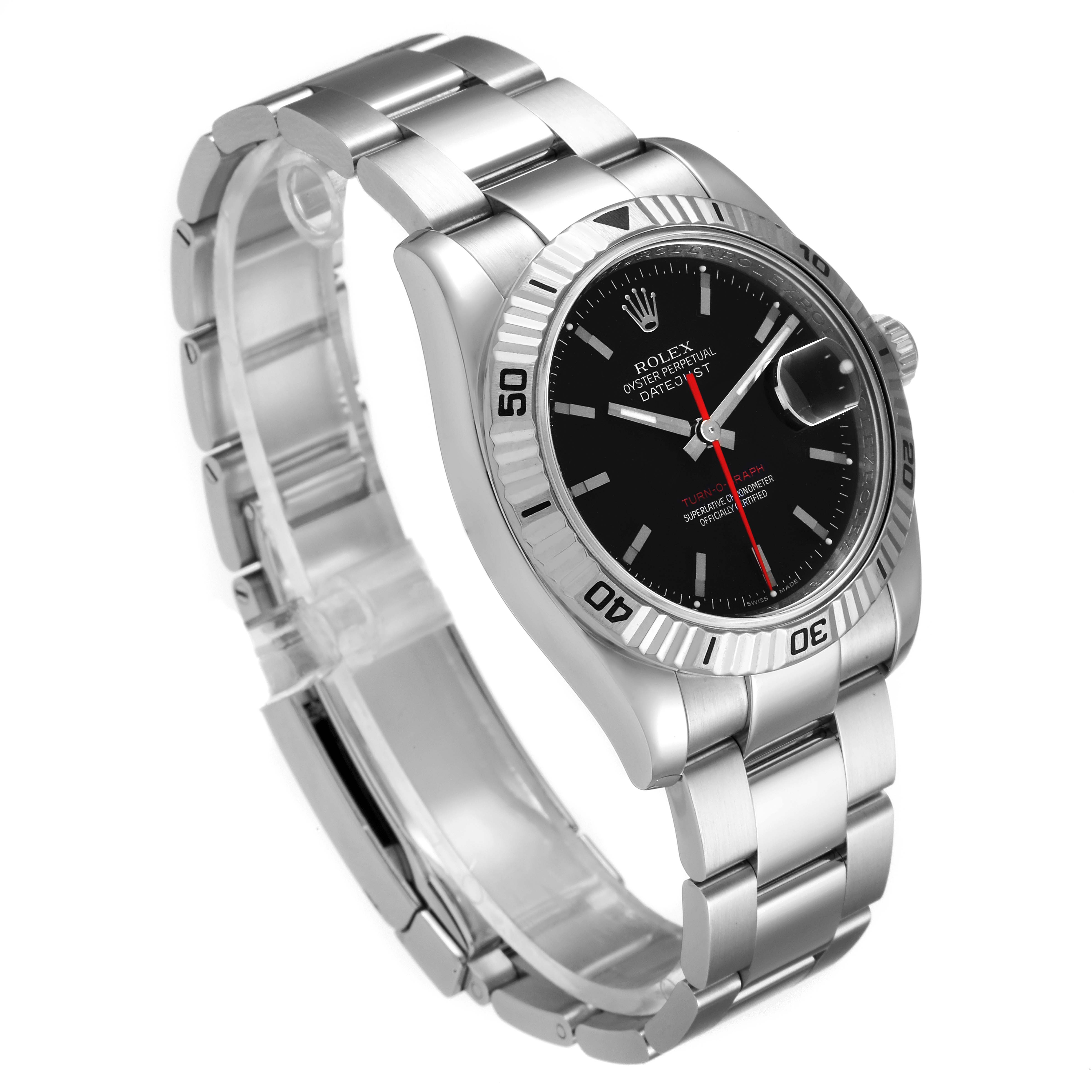 The Rolex Turn-o-Graph 116264 Men
s Stainless Steel Black Dial 116264 Men
s Stainless Steel Black Dial watch is shown at a slight angle, displaying its face, bezel, and part of the bracelet.