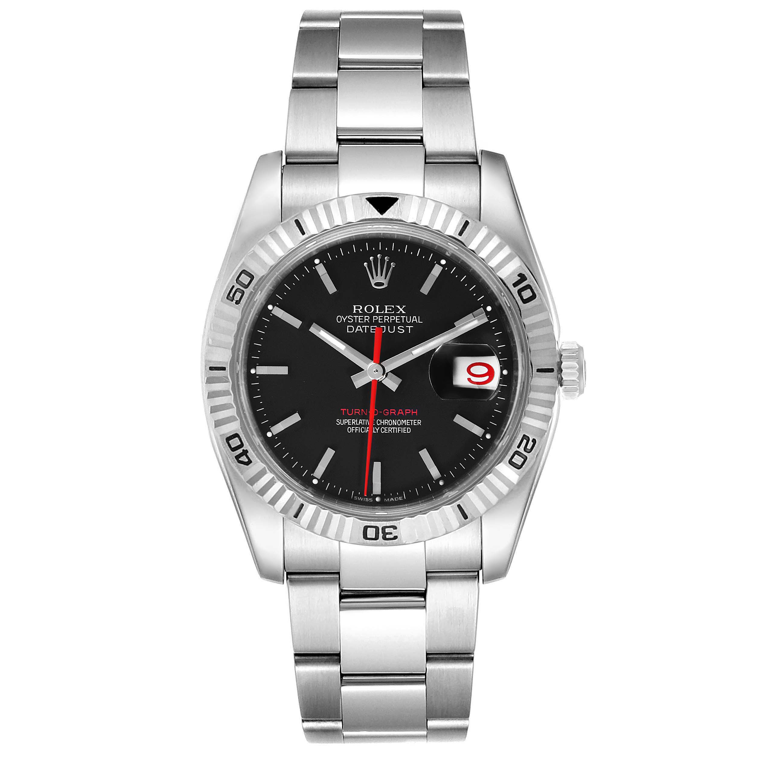 The image shows a Rolex Turn-o-Graph 116264 Men
s Stainless Steel Black Dial 116264 Men
s Stainless Steel Black Dial model watch from the front, displaying the dial, bezel, and bracelet.