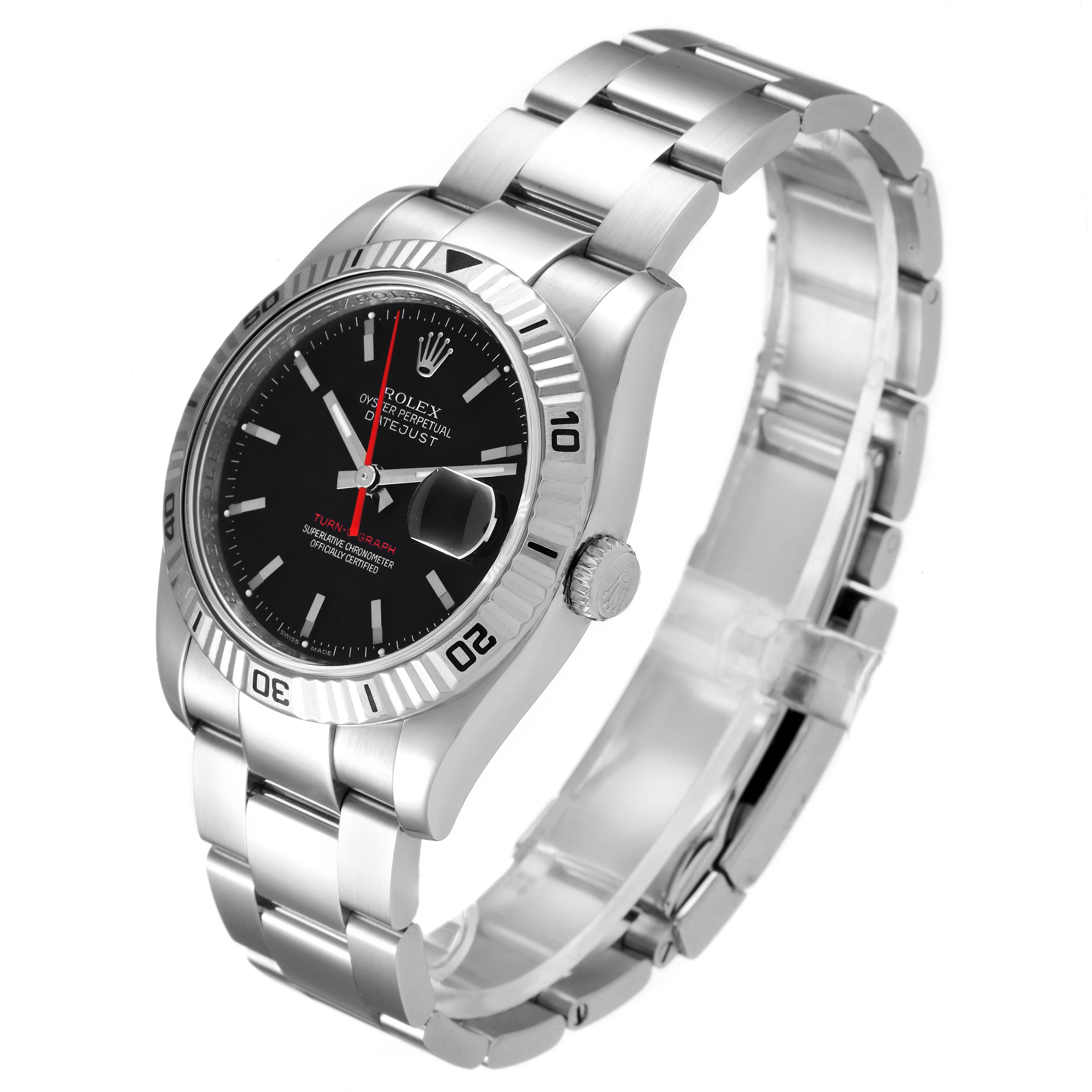 The Rolex Turn-o-Graph 116264 Men
s Stainless Steel Black Dial 116264 Men
s Stainless Steel Black Dial watch is shown at a three-quarter angle, displaying the face, bezel, crown, and stainless steel bracelet.
