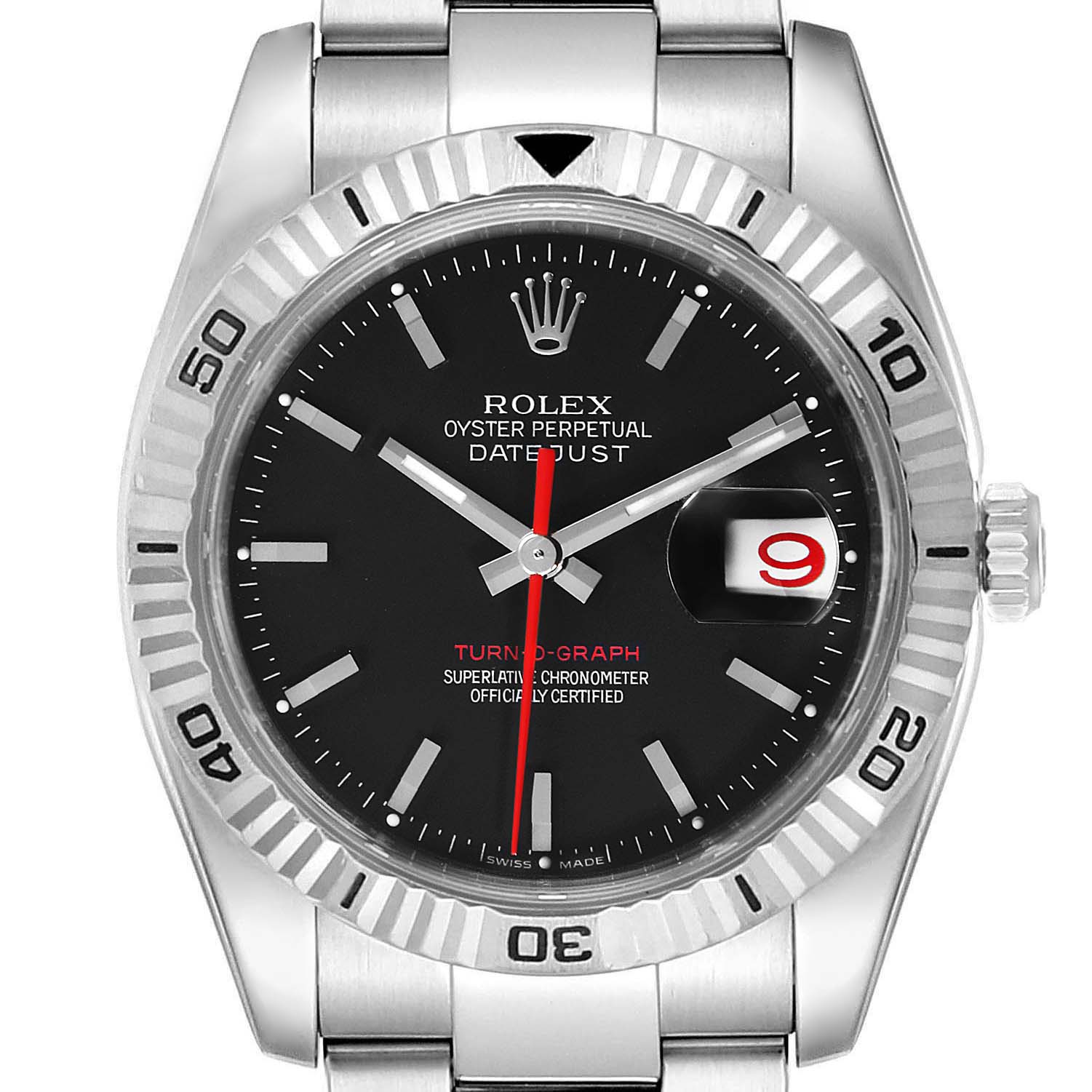 The image shows a front view of a Rolex Turn-o-Graph 116264 Men
s Stainless Steel Black Dial 116264 Men
s Stainless Steel Black Dial watch, displaying the dial, bezel, crown, and part of the bracelet.