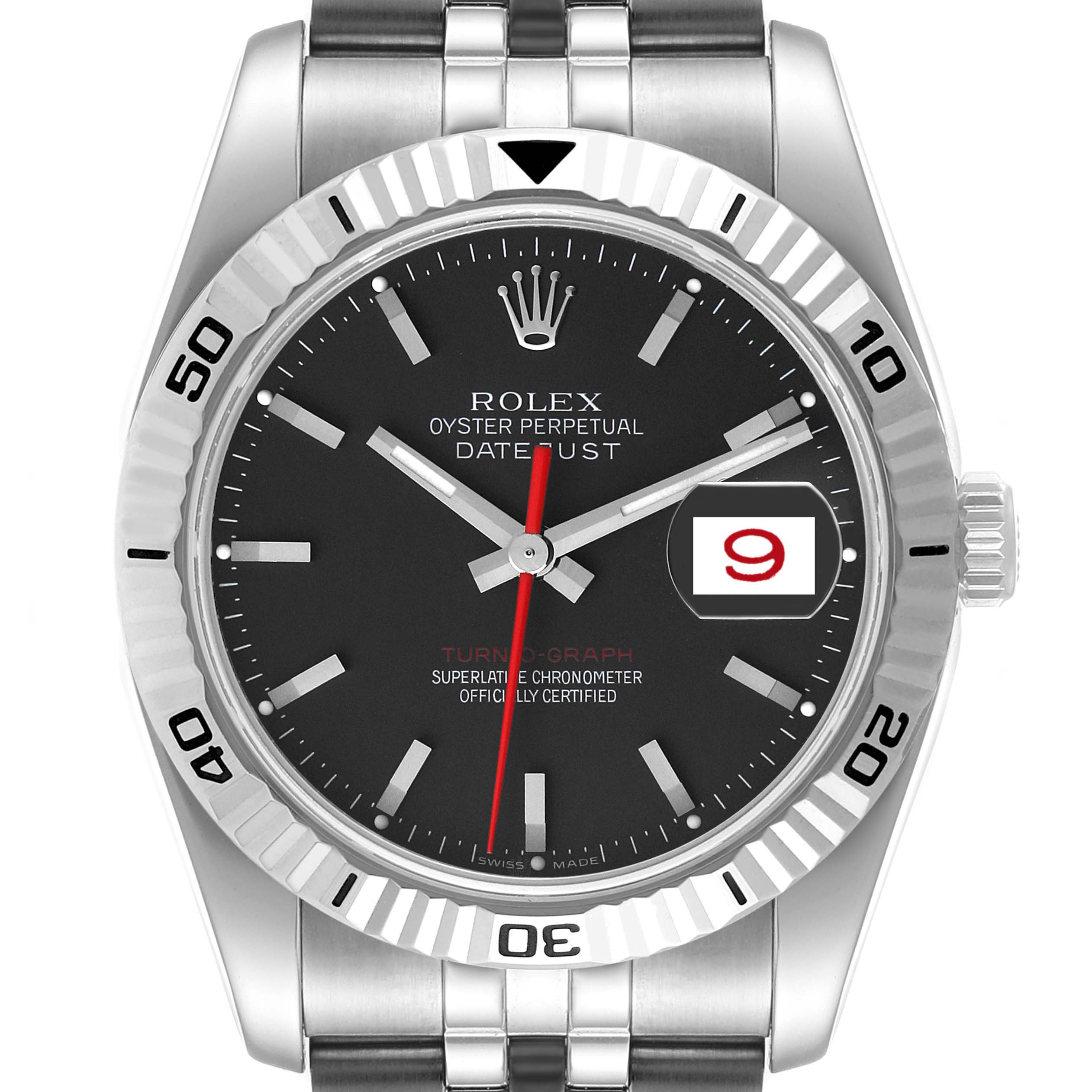 This image shows a front view of the Rolex Turn-o-Graph 116264 Men
s Stainless Steel Black Dial 116264 Men
s Stainless Steel Black Dial watch, highlighting the dial, bezel, and part of the bracelet.