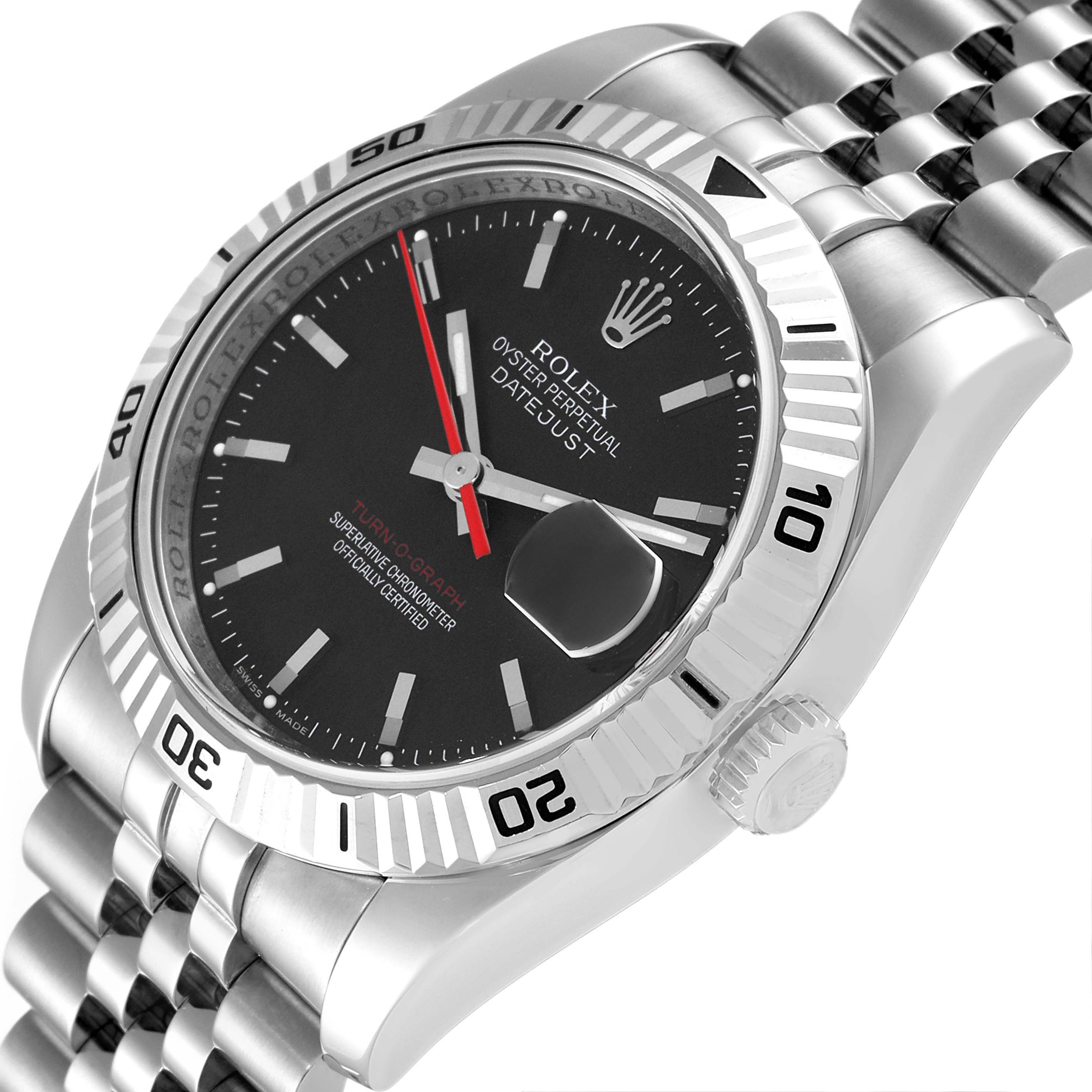 The image shows a Rolex Turn-o-Graph 116264 Men
s Stainless Steel Black Dial 116264 Men
s Stainless Steel Black Dial watch at a side angle, featuring its bezel, crown, dial, and part of the bracelet.