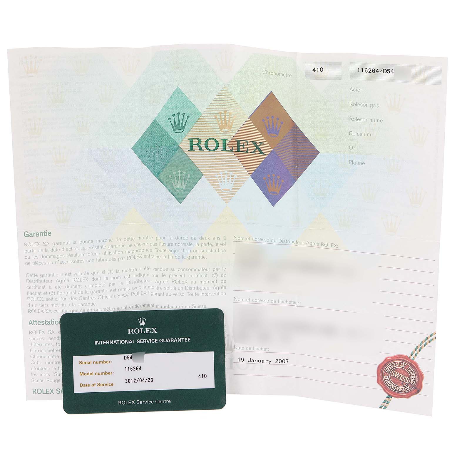 The image shows the documentation and service guarantee card for a Rolex Turn-o-Graph 116264 Men
s Stainless Steel Black Dial 116264 Men
s Stainless Steel Black Dial watch.