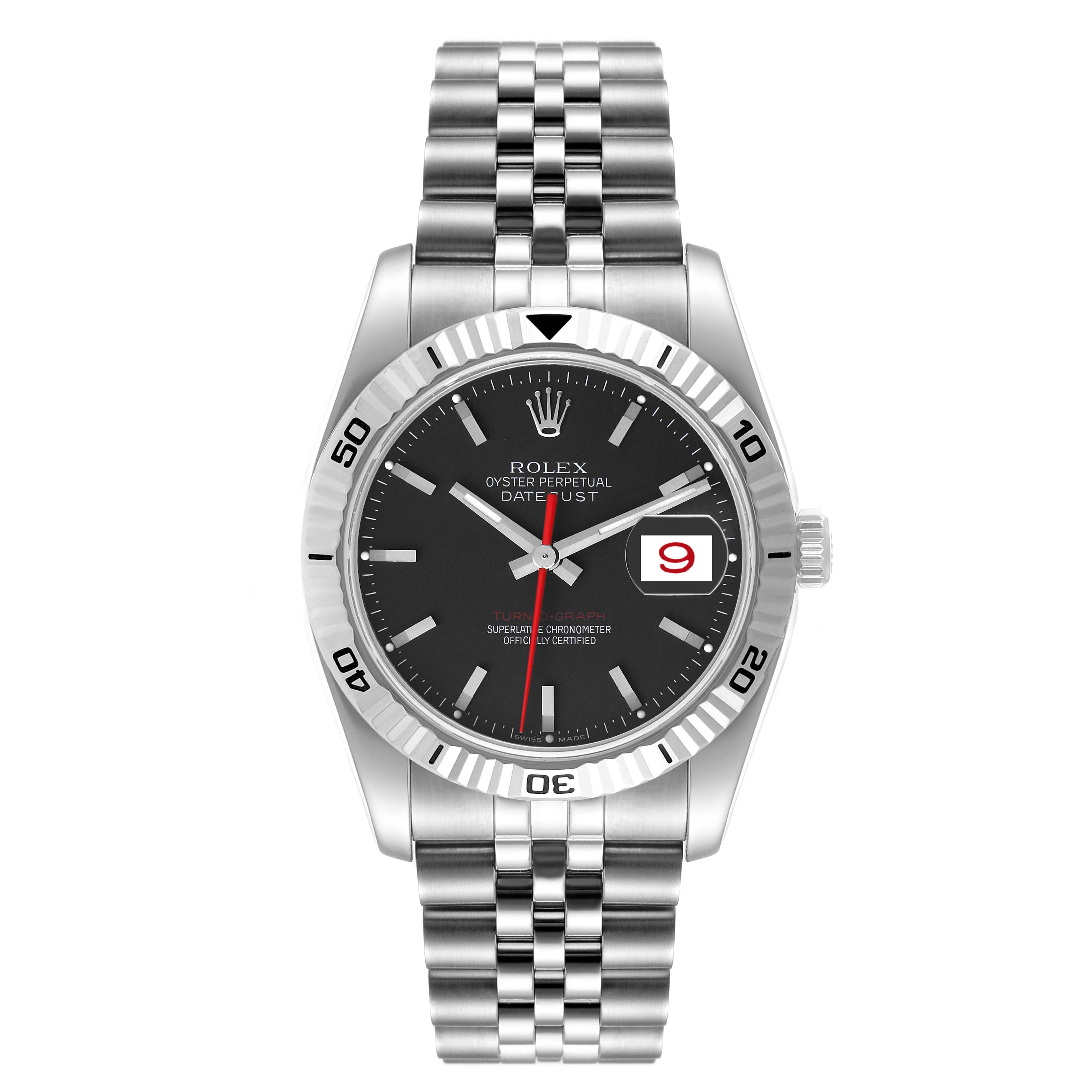 This image shows a front view of a Rolex Turn-o-Graph 116264 Men
s Stainless Steel Black Dial 116264 Men
s Stainless Steel Black Dial watch displaying the dial, bezel, and bracelet.