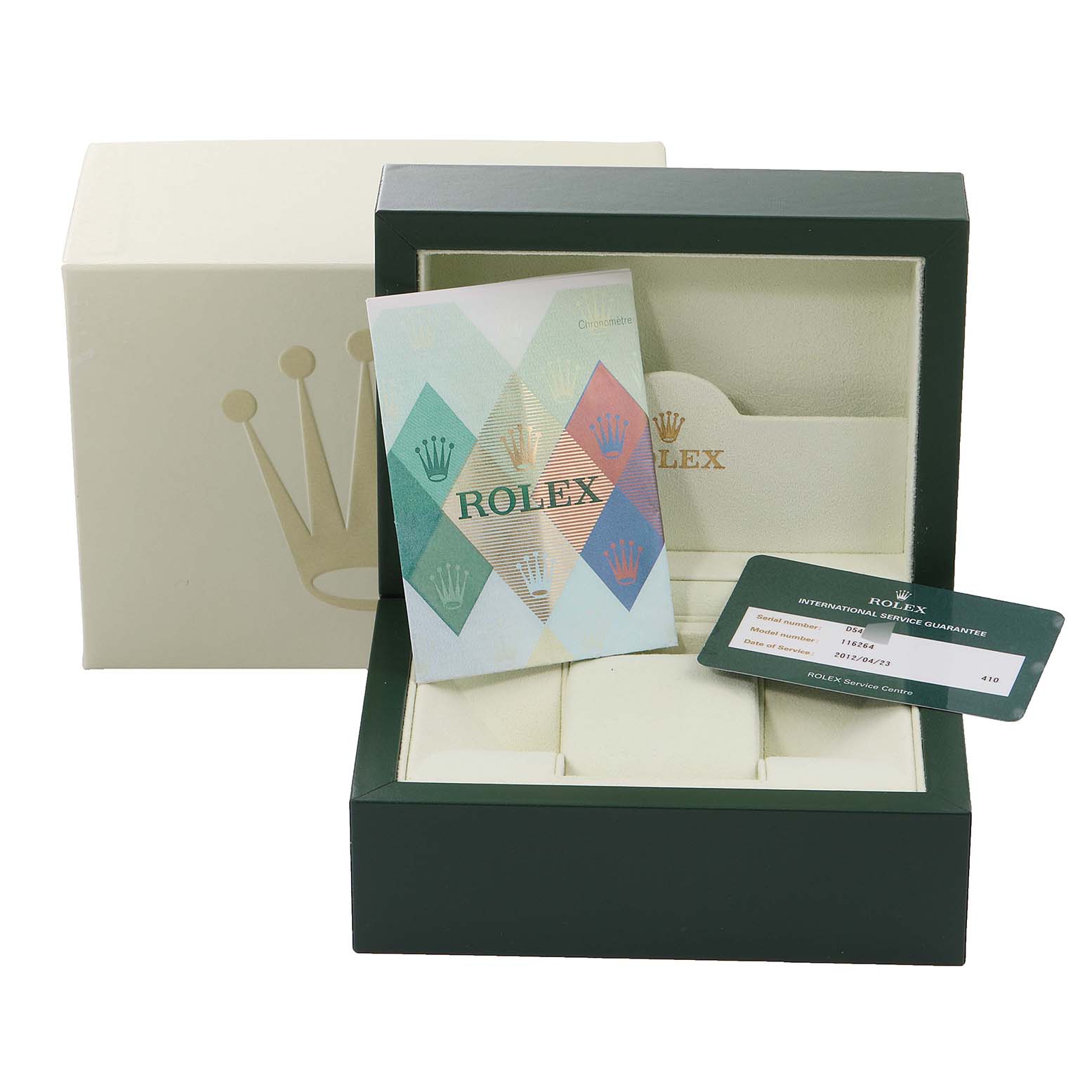 The image shows the open box, warranty card, and booklet for a Rolex Turn-o-Graph 116264 Men
s Stainless Steel Black Dial 116264 Men
s Stainless Steel Black Dial watch.