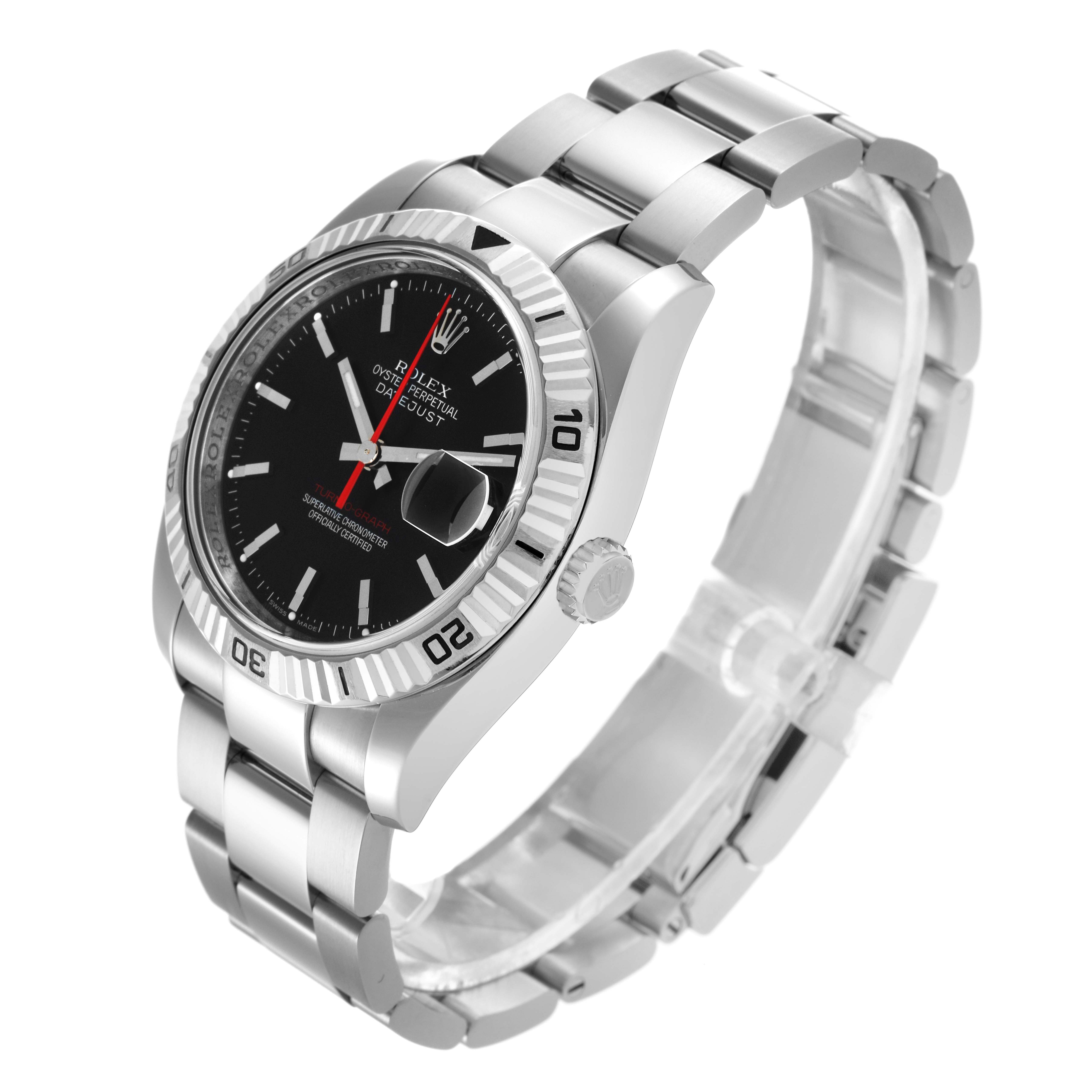 The Rolex Turn-o-Graph 116264 Men
s Stainless Steel Black Dial 116264 Men
s Stainless Steel Black Dial watch is shown at an angled view highlighting its face, bezel, crown, and bracelet.
