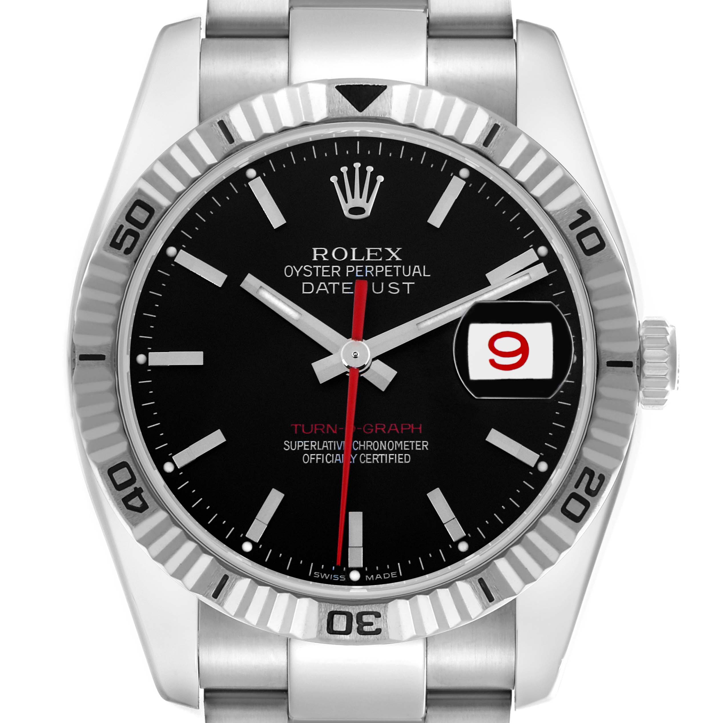 The image shows a front view of the Rolex Turn-o-Graph 116264 Men
s Stainless Steel Black Dial 116264 Men
s Stainless Steel Black Dial watch, highlighting the bezel, dial, and bracelet.