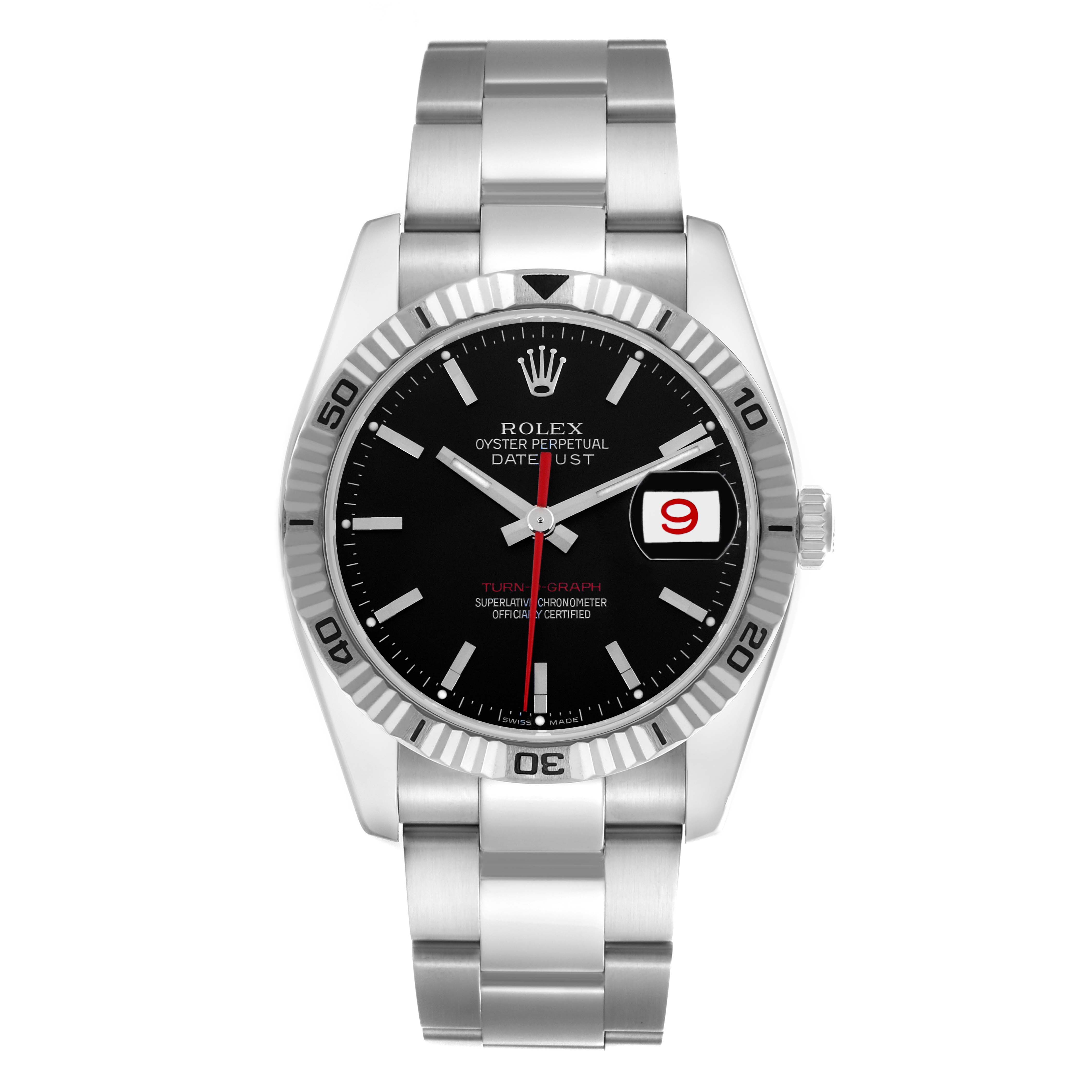 The Rolex Turn-o-Graph 116264 Men
s Stainless Steel Black Dial 116264 Men
s Stainless Steel Black Dial watch is shown from a front angle, highlighting the dial, bezel, and bracelet.