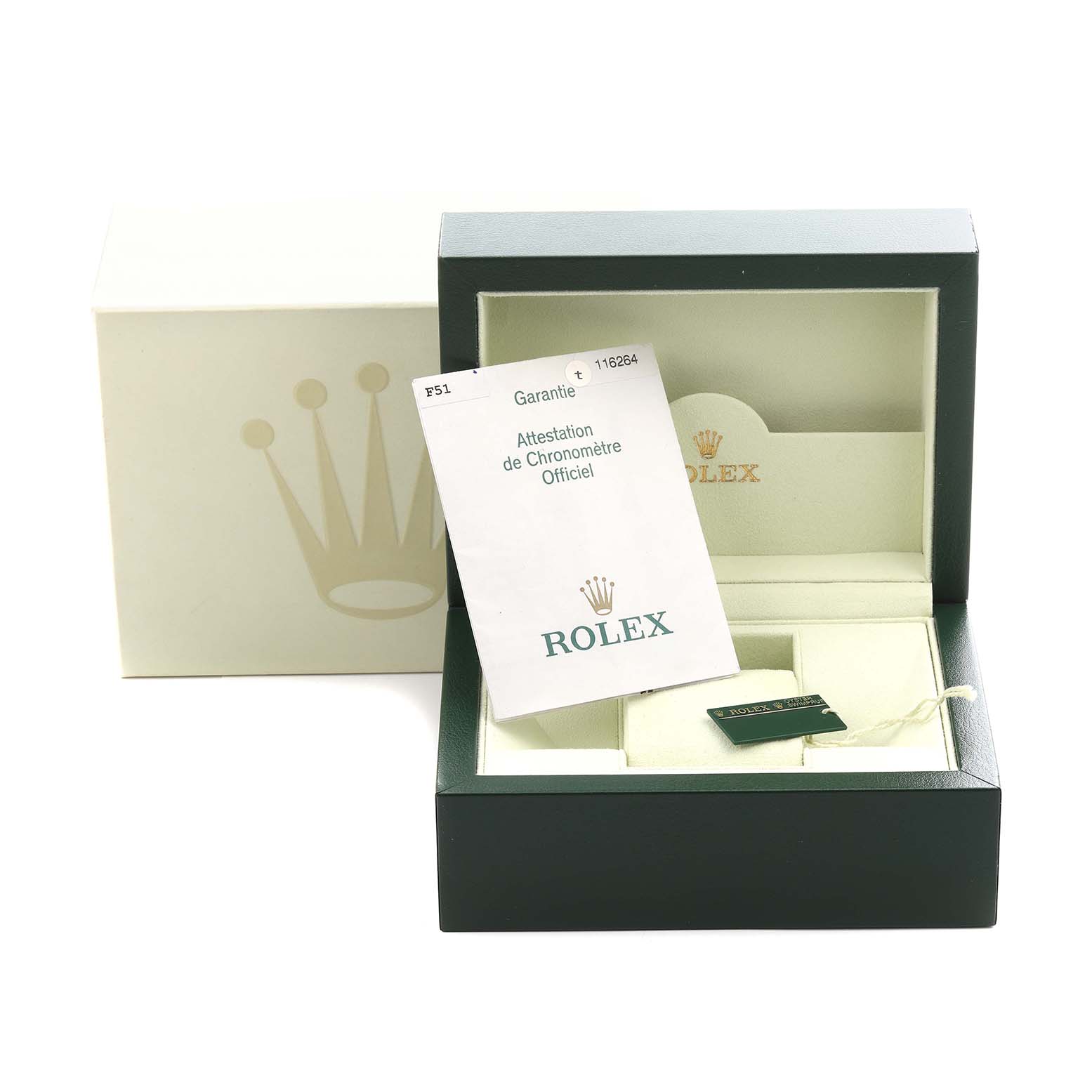 The image shows a Rolex Turn-o-Graph 116264 Men
s Stainless Steel Black Dial 116264 Men
s Stainless Steel Black Dial box open, containing documentation and a tag, viewed from the front.