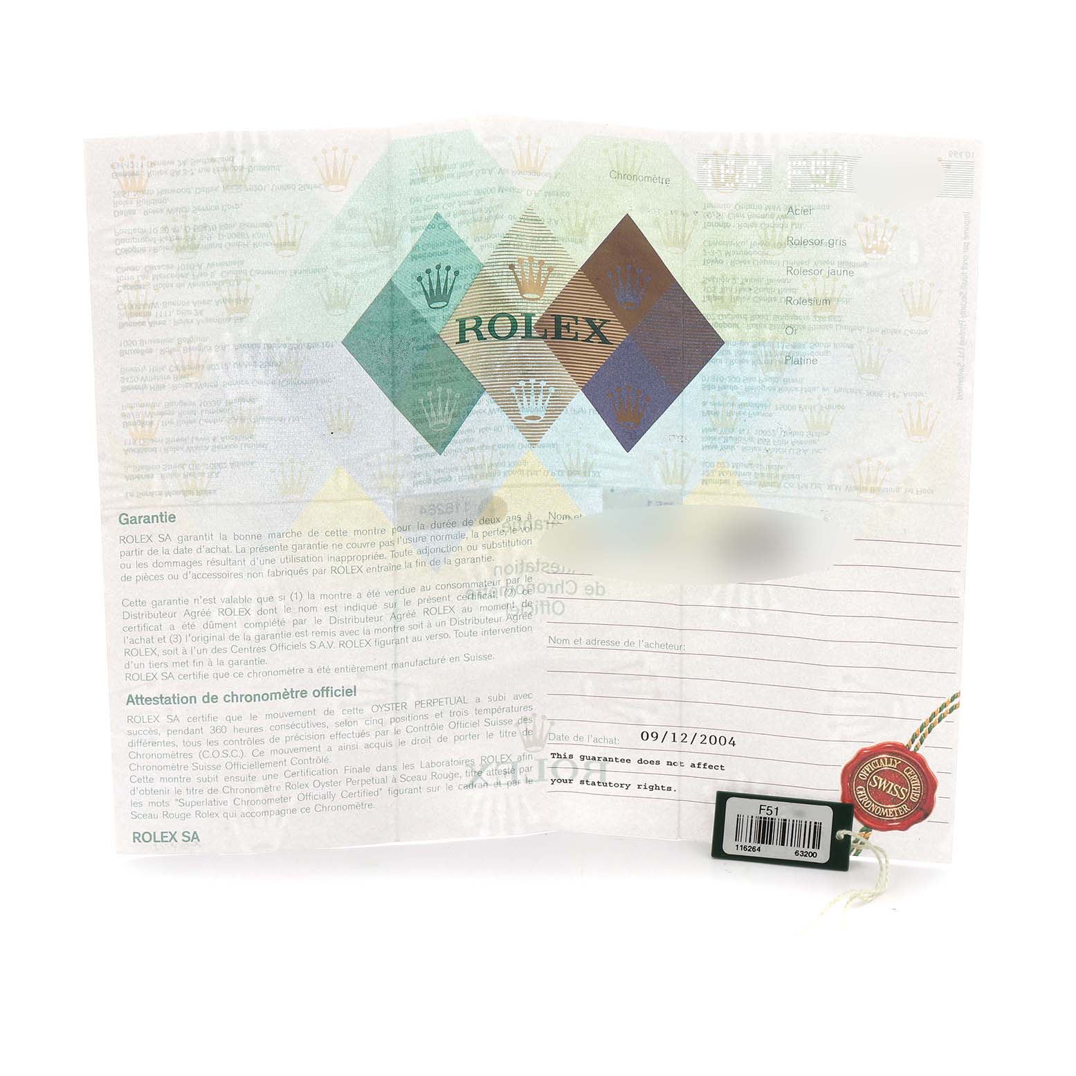 The image shows official Rolex documentation for the Turn-o-Graph model, including a certificate with a tag attached.