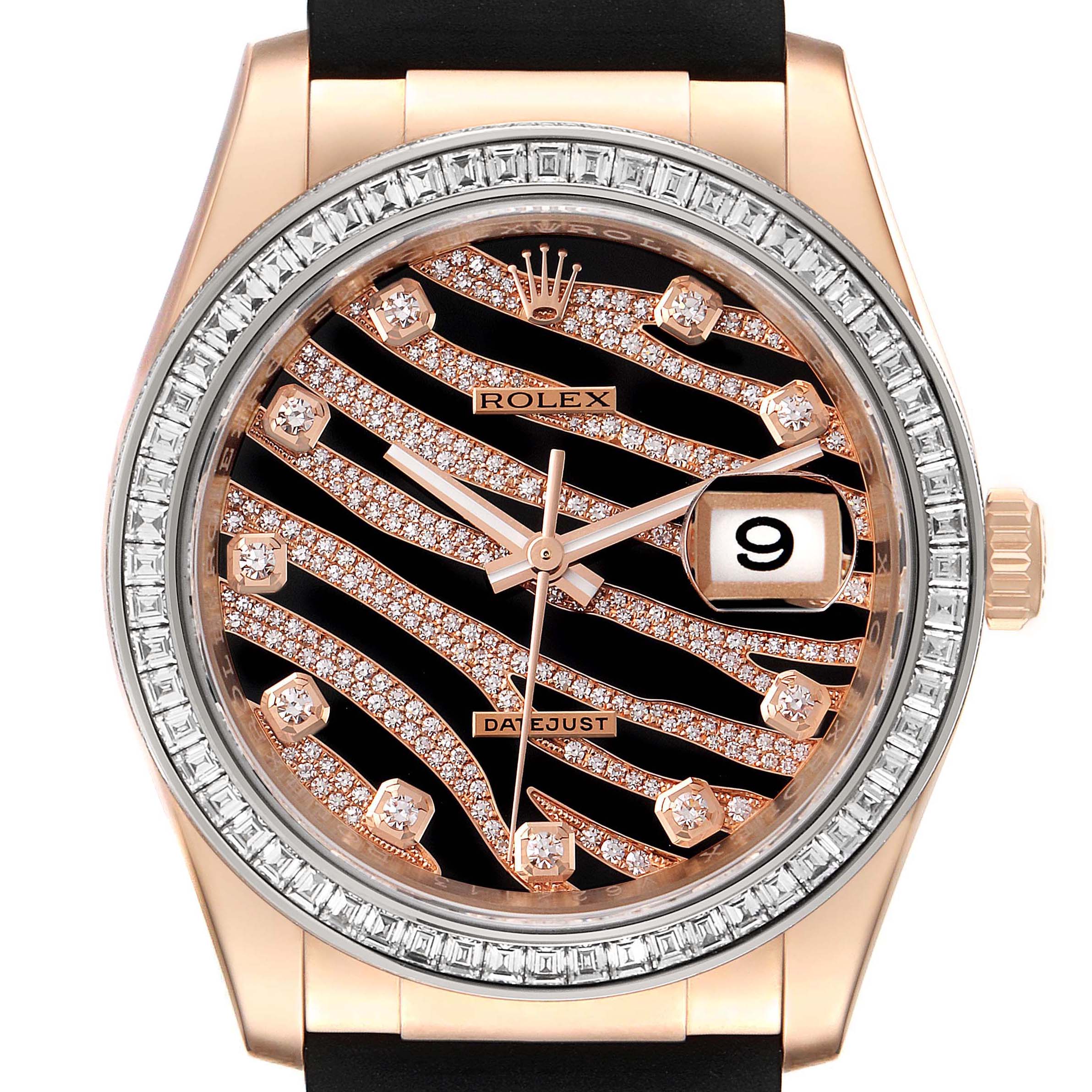 This image shows a close-up of the Rolex President 116185 Men's Rose Gold Black Dial 116185 Men's Rose Gold Black Dial model watch face, highlighting the dial and bezel.