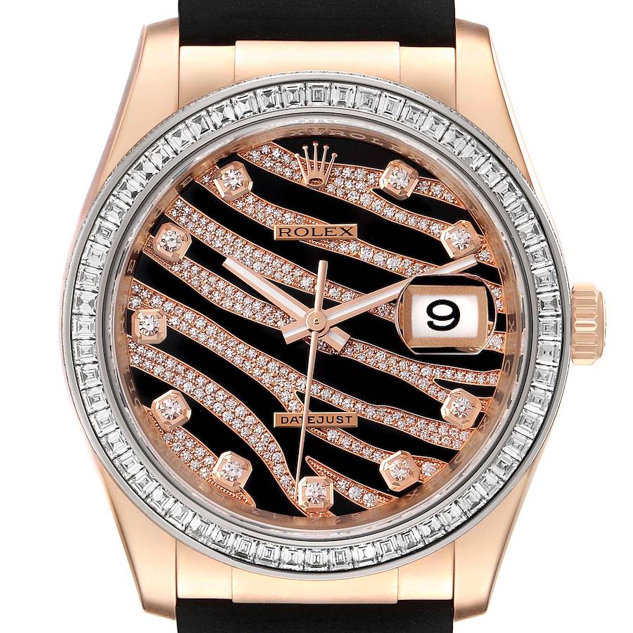 Rolex Datejust Zebra Pave Diamond Dial Rose Gold Mens Watch 116185 SwissWatchExpo