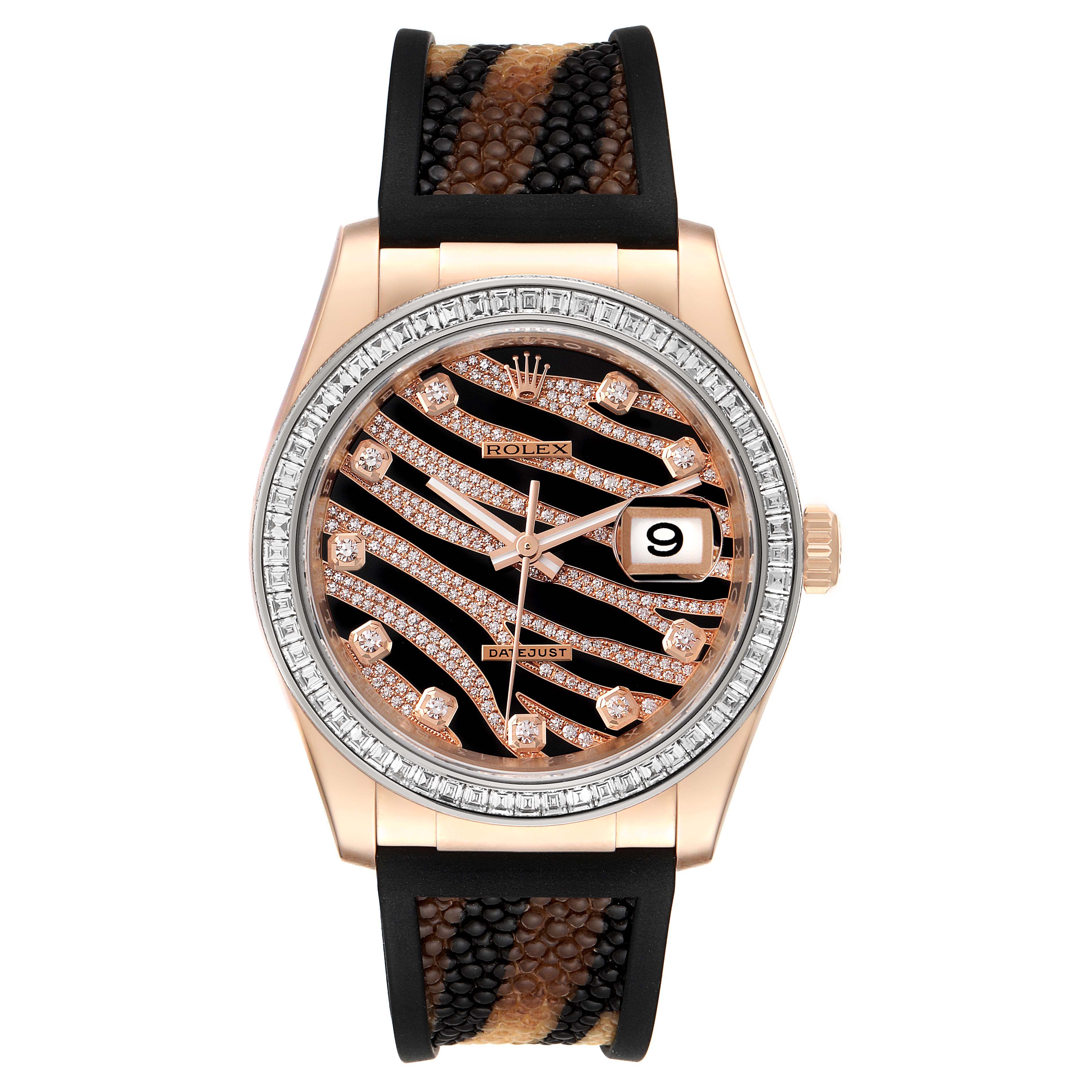 This image shows a front view of a Rolex President 116185 Men's Rose Gold Black Dial 116185 Men's Rose Gold Black Dial model watch displaying the dial, bezel, and part of the strap.