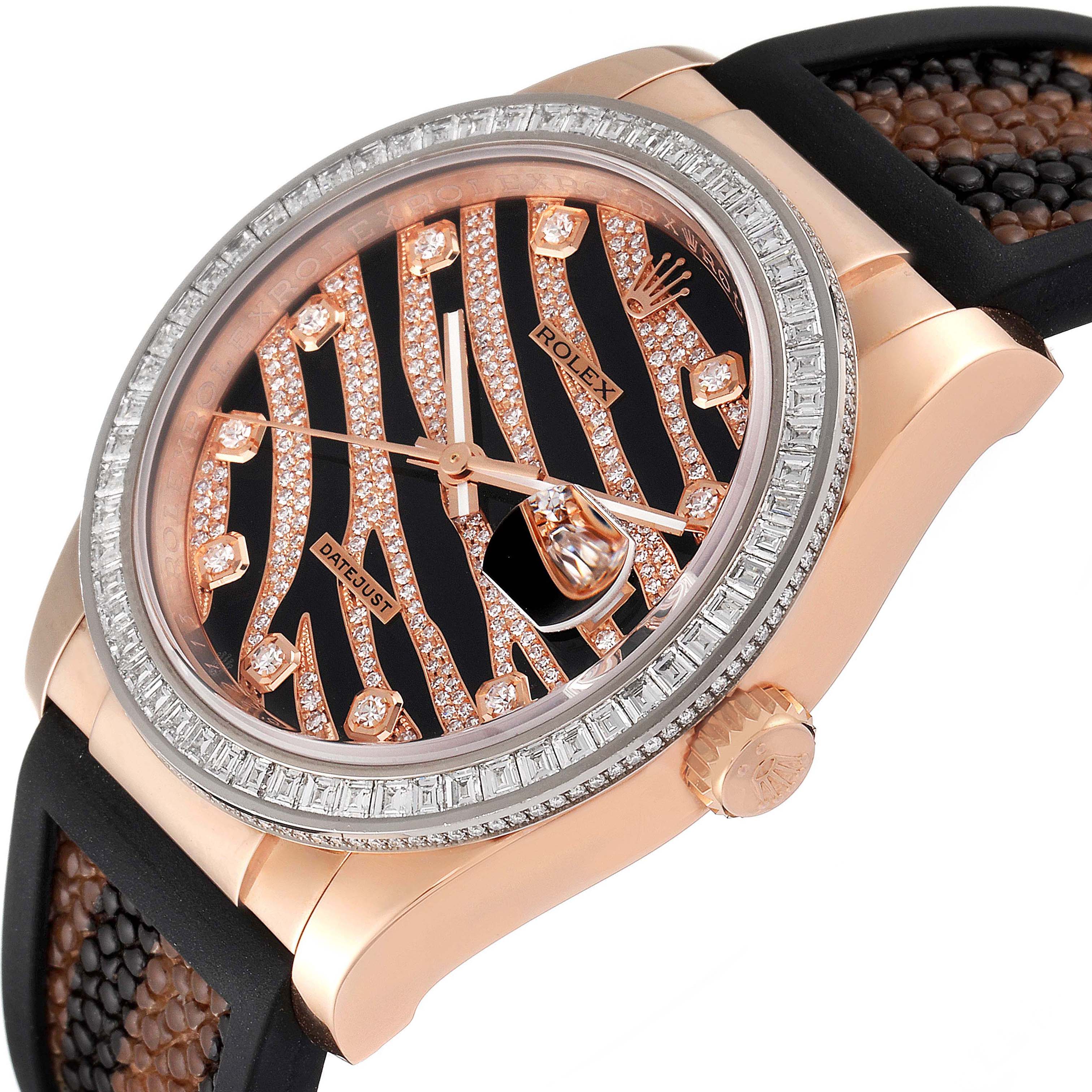 The image shows a close-up angle of the Rolex President 116185 Men's Rose Gold Black Dial 116185 Men's Rose Gold Black Dial Datejust model, highlighting the dial, bezel, and crown.