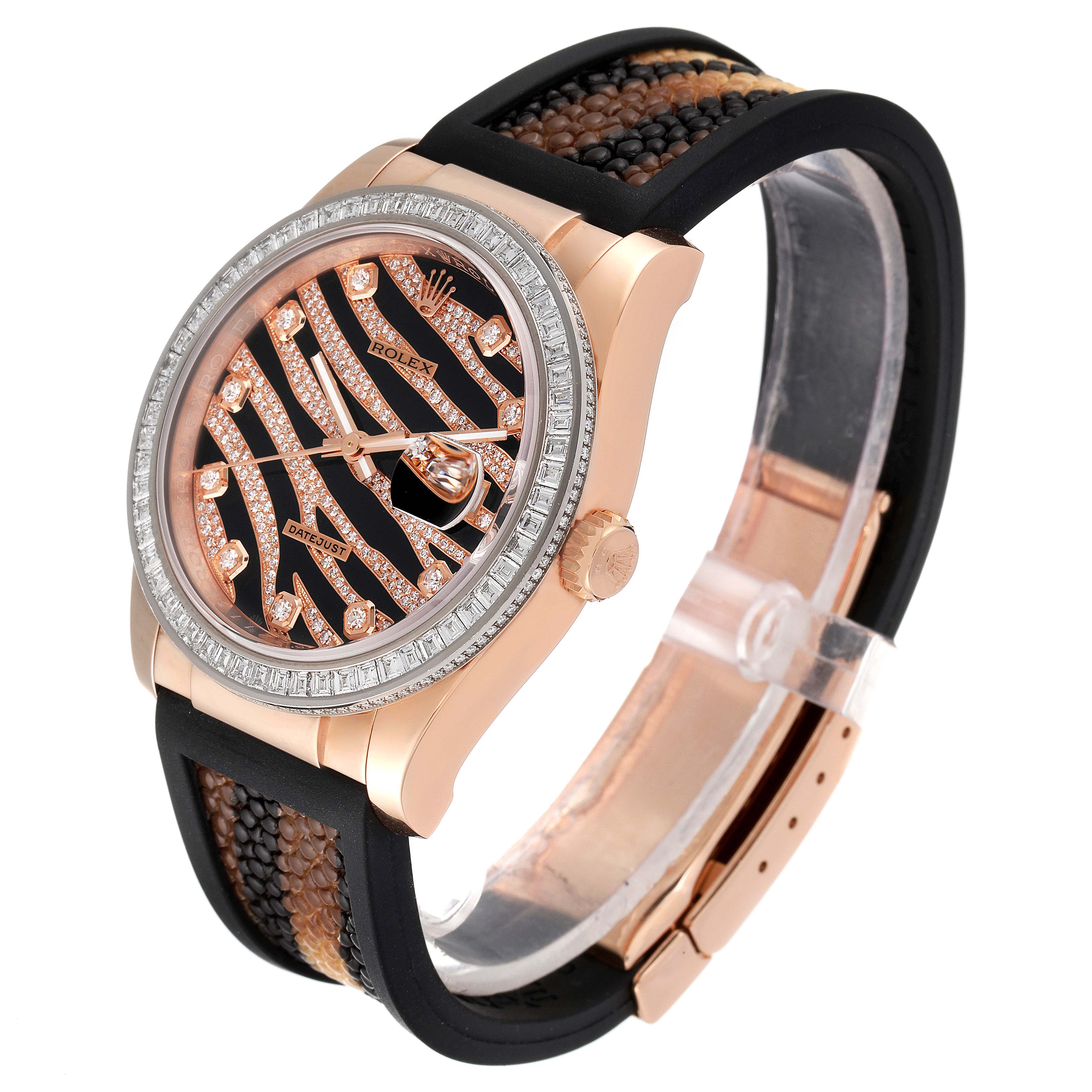 The image shows a side and front angle of a Rolex President 116185 Men's Rose Gold Black Dial 116185 Men's Rose Gold Black Dial model watch, featuring its distinctive dial and strap.