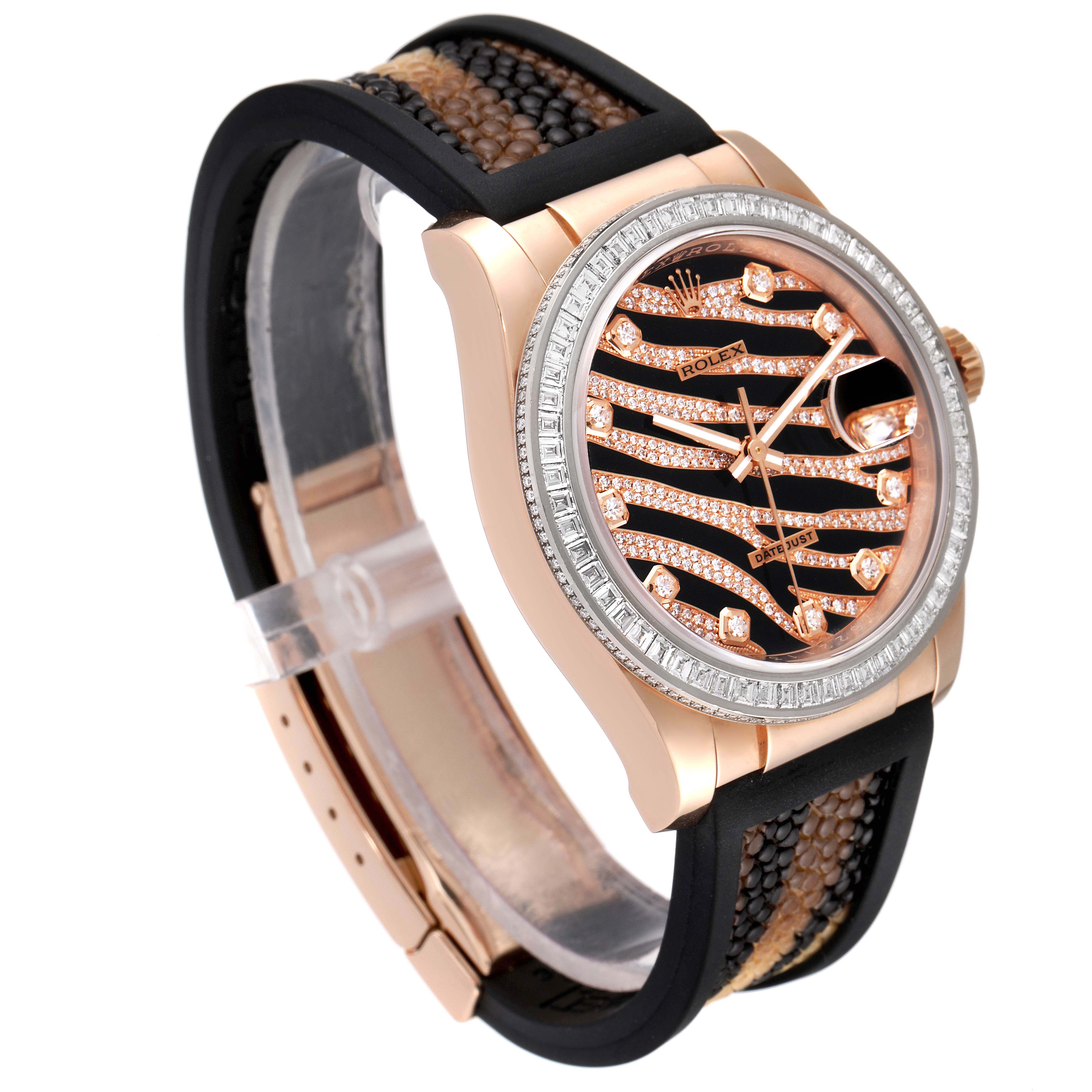 The image shows a Rolex President 116185 Men's Rose Gold Black Dial 116185 Men's Rose Gold Black Dial model watch at a slight angle, highlighting the watch face, bezel, and band.