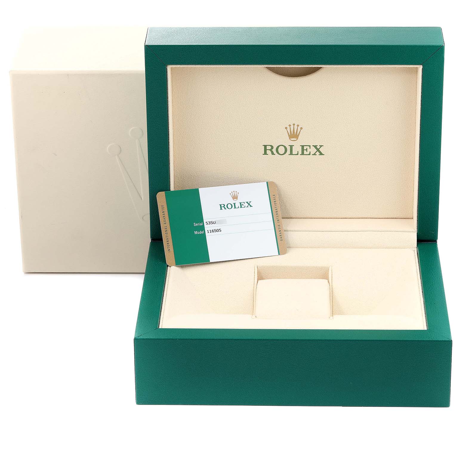 The image shows the open case, display card, and outer box for a Rolex Daytona 116505 Men
s Rose Gold Brown Dial 116505 Men
s Rose Gold Brown Dial watch, with an angled view of the boxes.