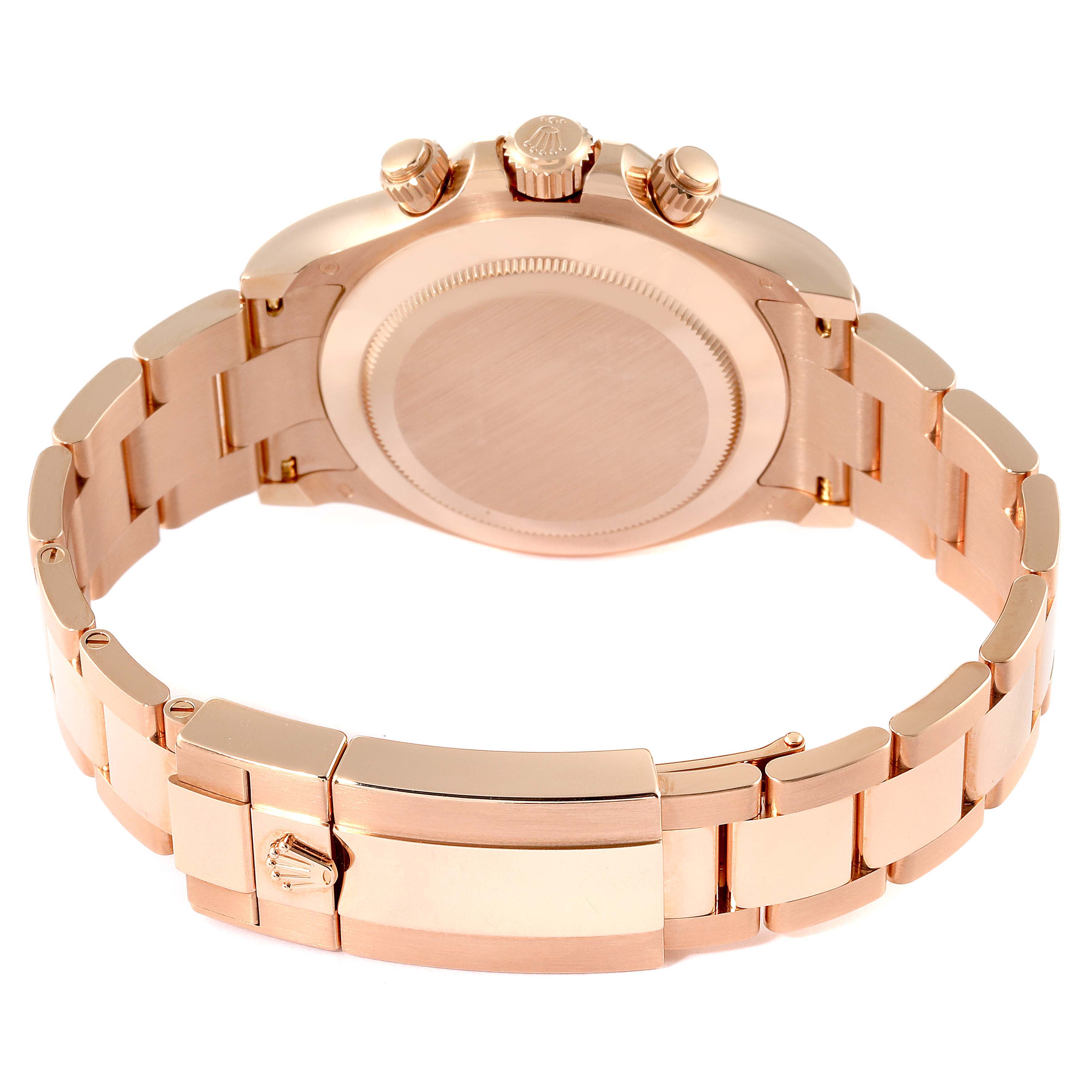 This image shows the rear view of a Rolex Daytona 116505 Men
s Rose Gold Brown Dial 116505 Men
s Rose Gold Brown Dial watch, highlighting the bracelet, clasp, and crown.