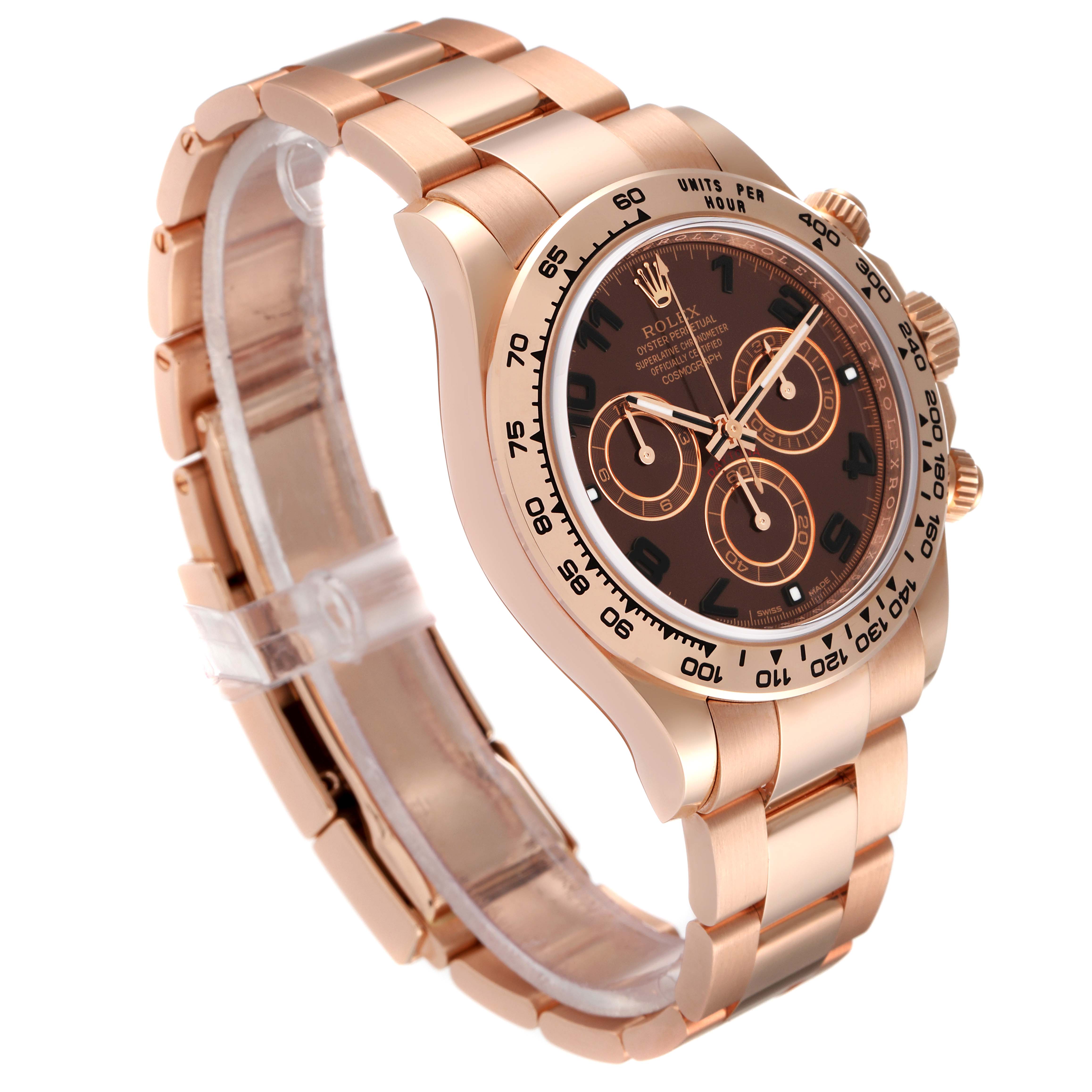 This image shows the Rolex Daytona 116505 Men
s Rose Gold Brown Dial 116505 Men
s Rose Gold Brown Dial watch at a 3/4 angle, highlighting its face, bezel, and bracelet.