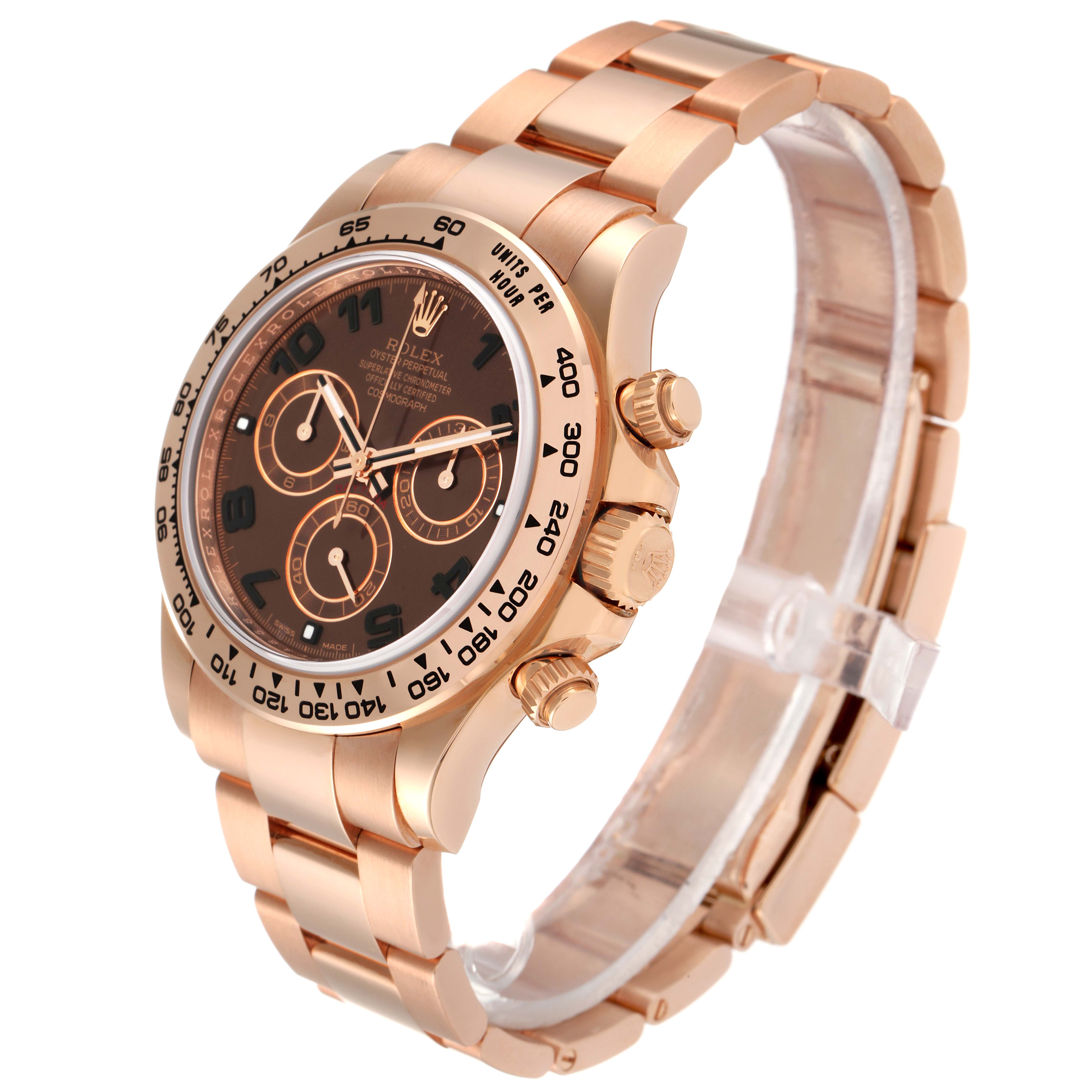 The image shows a Rolex Daytona 116505 Men
s Rose Gold Brown Dial 116505 Men
s Rose Gold Brown Dial watch at a three-quarter angle highlighting its dial, bezel, pushers, and bracelet.