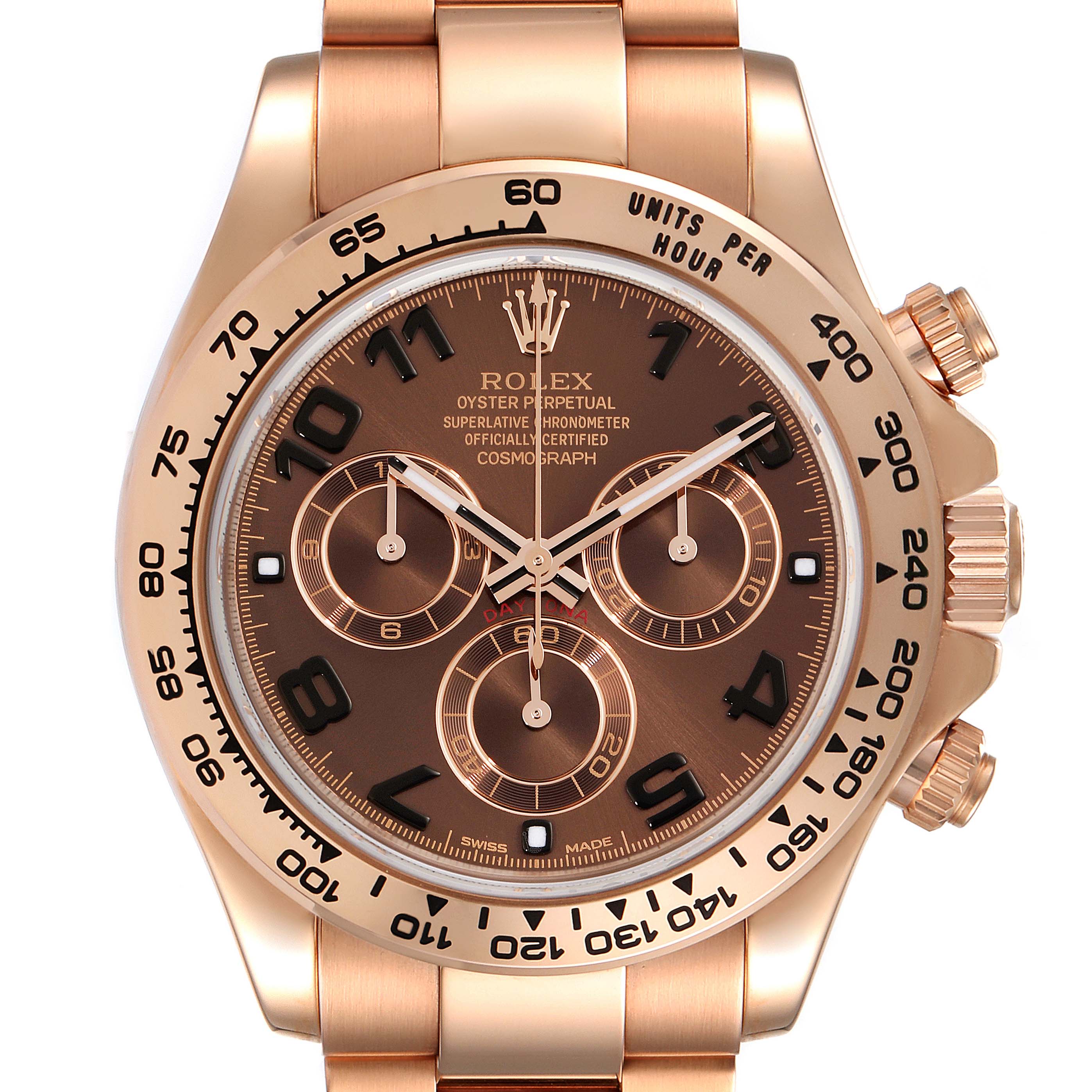 This image shows a front view of the brown dial Rolex Daytona 116505 Men
s Rose Gold Brown Dial 116505 Men
s Rose Gold Brown Dial watch, highlighting the sub-dials and tachymeter bezel.