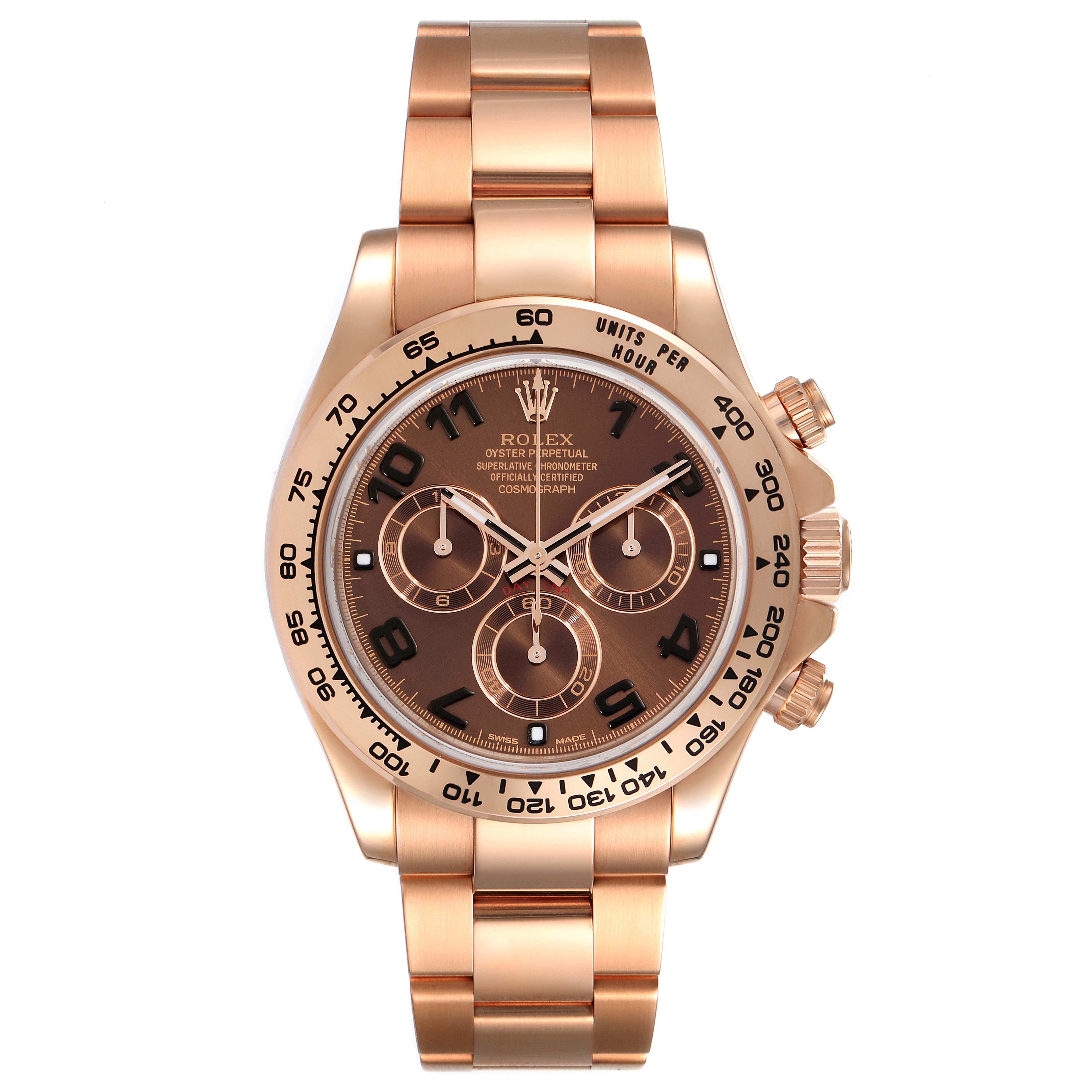 The image shows a front view of a Rolex Daytona 116505 Men
s Rose Gold Brown Dial 116505 Men
s Rose Gold Brown Dial, highlighting the dial, bezel, and bracelet.