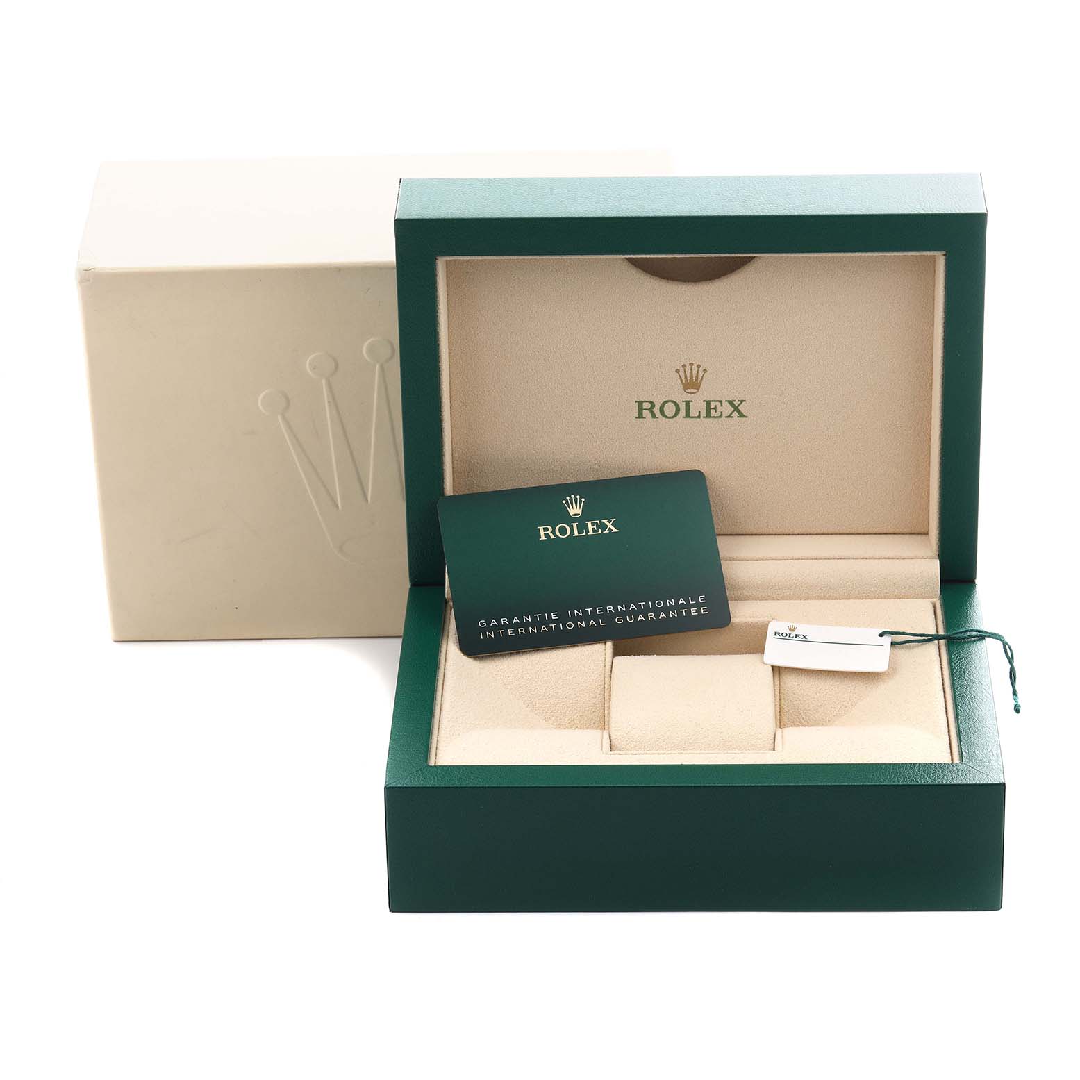 The image shows a Rolex Explorer 226570 Men
s Stainless Steel White Dial 226570 Men
s Stainless Steel White Dial box, guarantee card, and tag, viewed from the front with the box open.