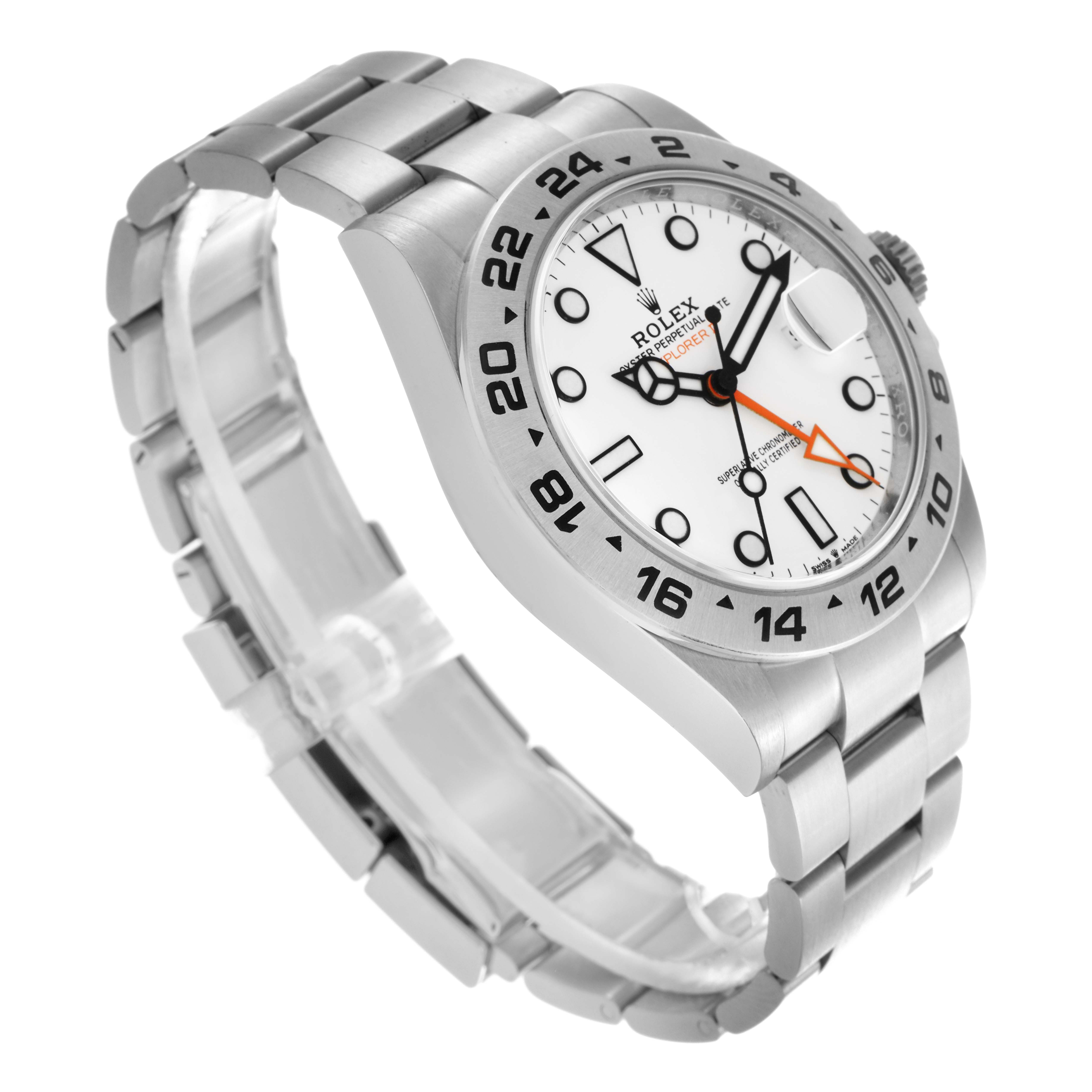 The image shows a Rolex Explorer 226570 Men
s Stainless Steel White Dial 226570 Men
s Stainless Steel White Dial model at an angled side view, highlighting the watch face, bezel, and bracelet.
