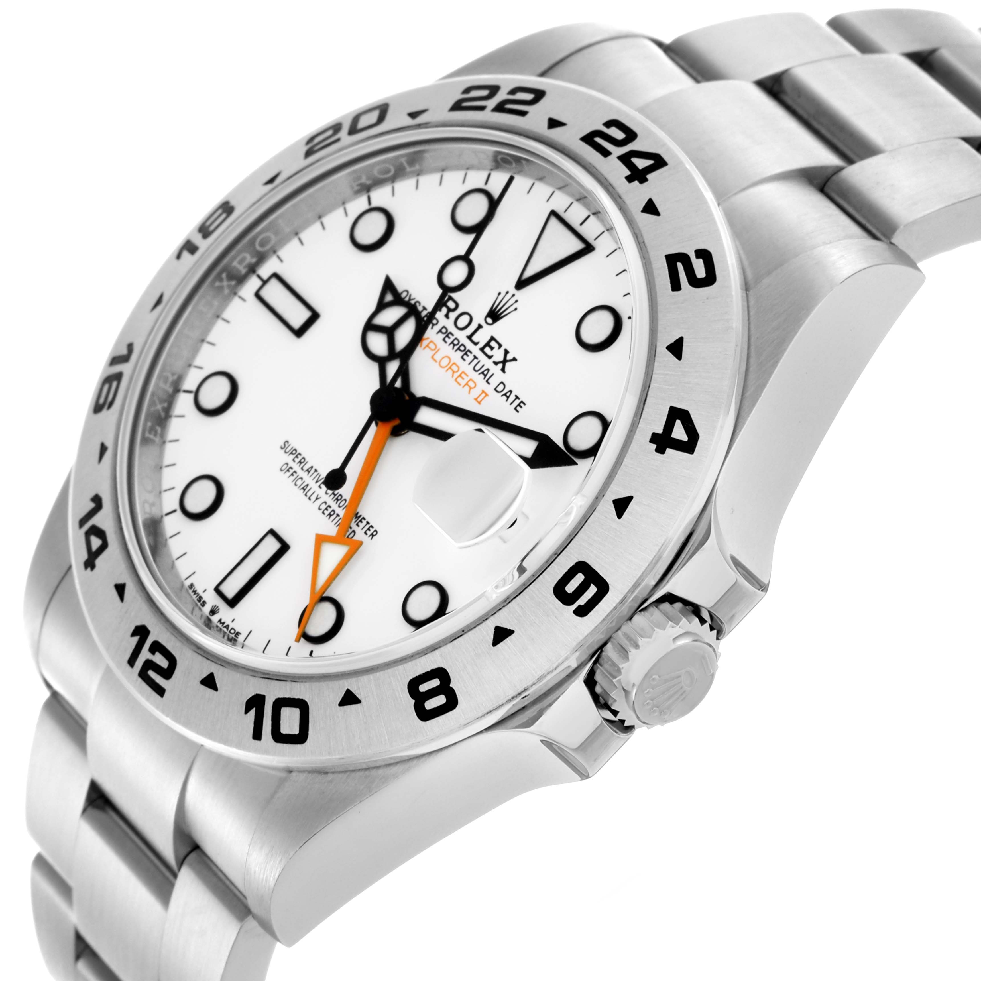The Rolex Explorer 226570 Men
s Stainless Steel White Dial 226570 Men
s Stainless Steel White Dial watch is shown from a slightly elevated angle, displaying the case, bezel, dial, crown, and part of the bracelet.