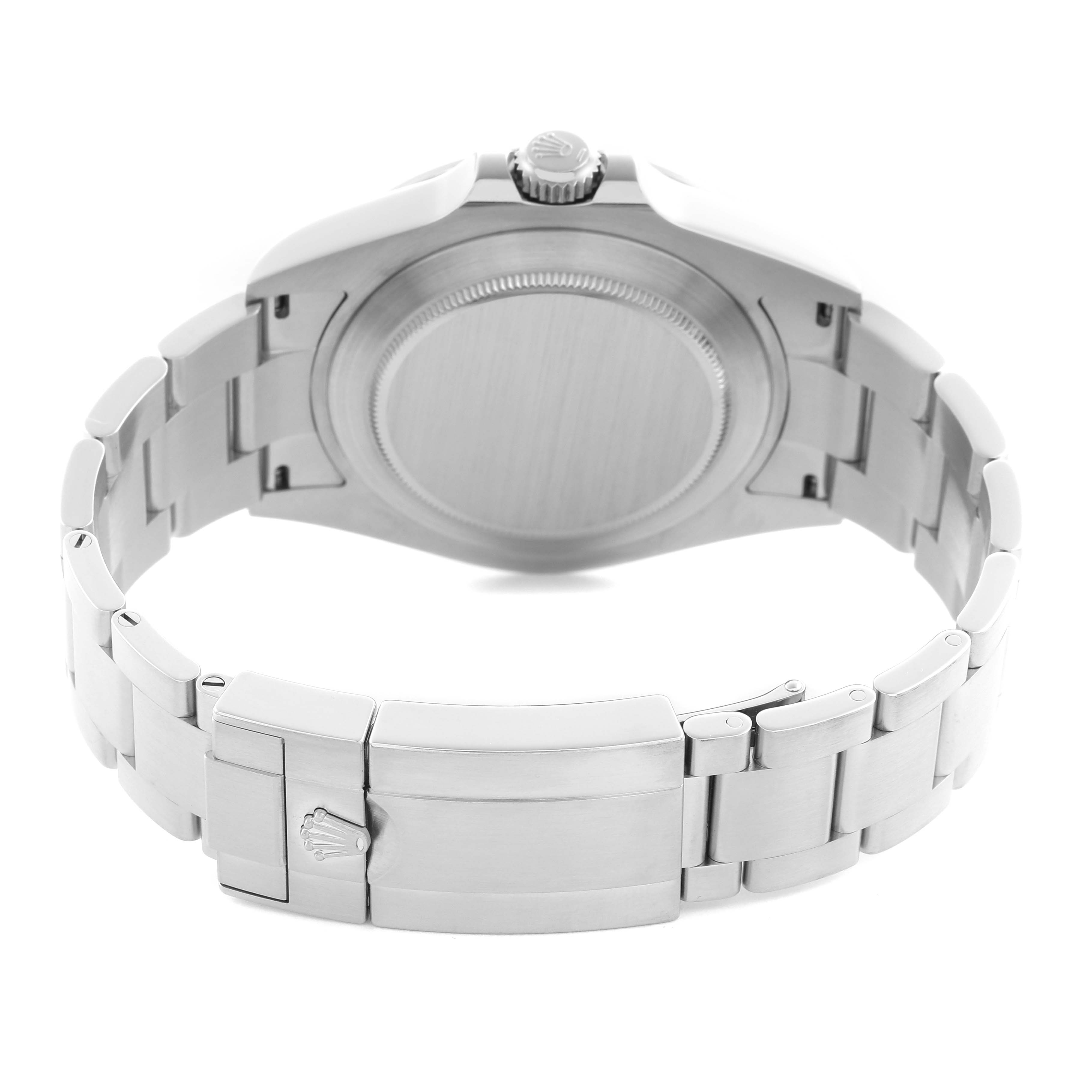 The image shows the back of a Rolex Explorer 226570 Men
s Stainless Steel White Dial 226570 Men
s Stainless Steel White Dial watch, highlighting the case back and clasp of the bracelet.