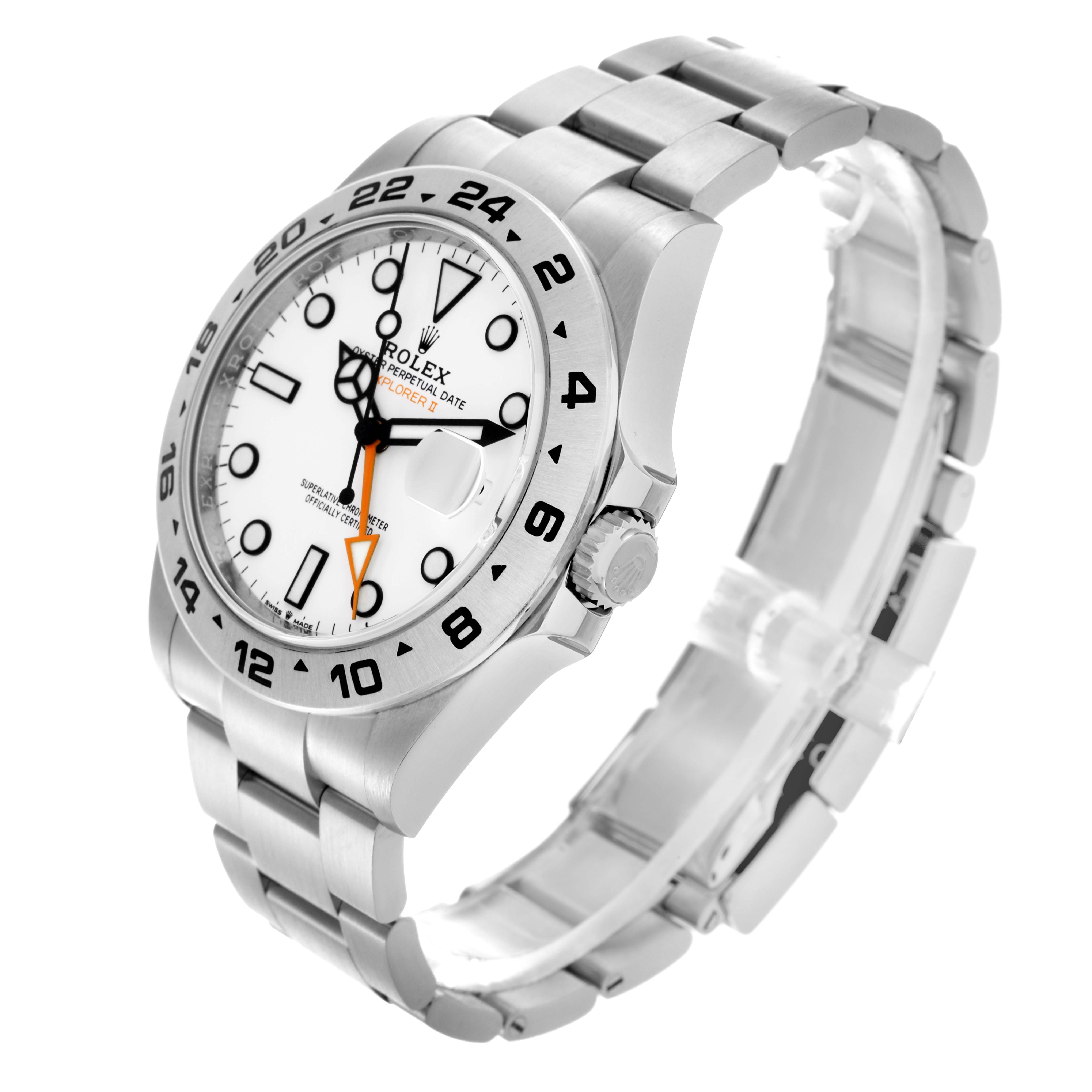 The image shows a Rolex Explorer 226570 Men
s Stainless Steel White Dial 226570 Men
s Stainless Steel White Dial watch at a three-quarter angle, highlighting the face, bezel, case, and bracelet.