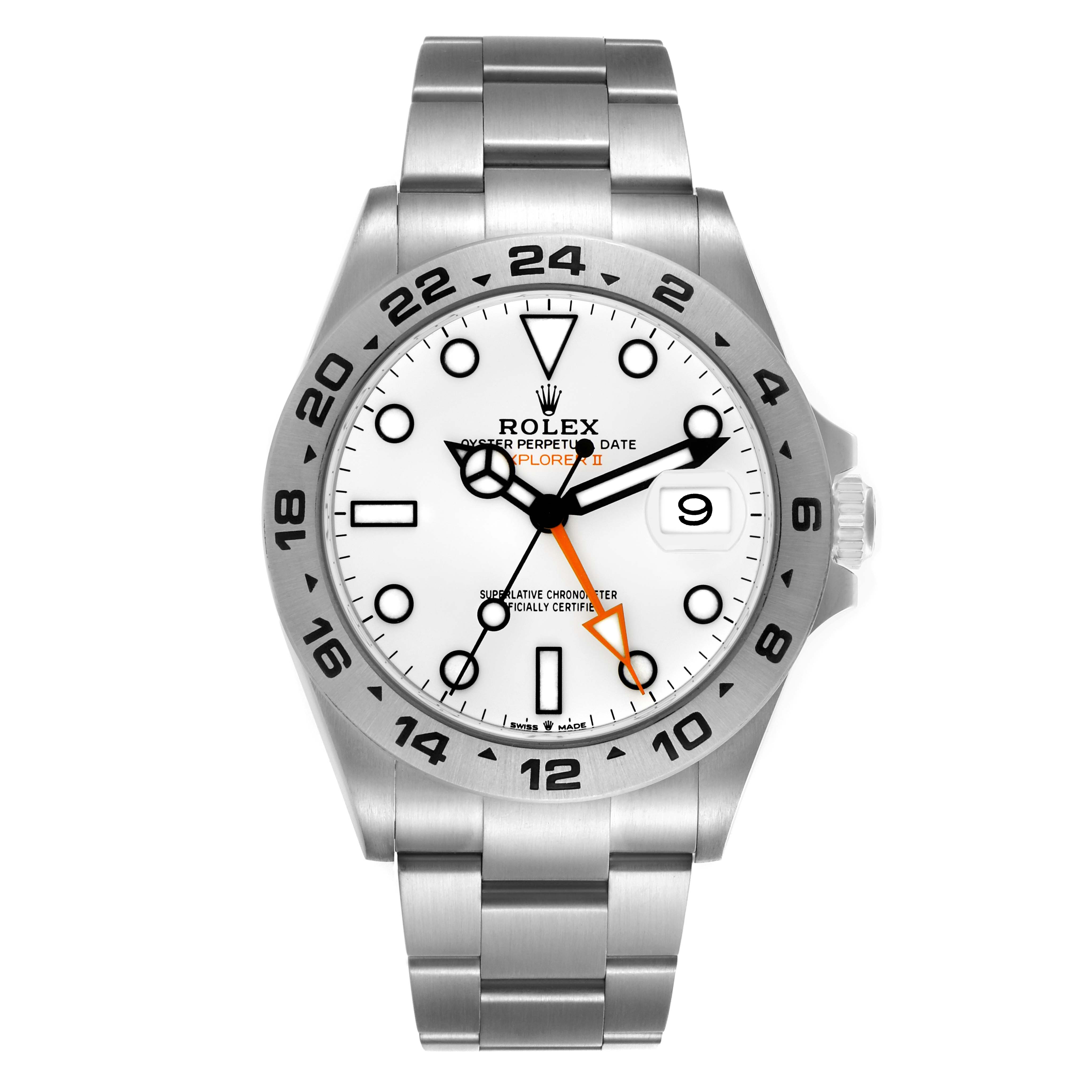The Rolex Explorer 226570 Men
s Stainless Steel White Dial 226570 Men
s Stainless Steel White Dial watch is shown from a front angle, displaying its dial, bezel, date window, and bracelet.