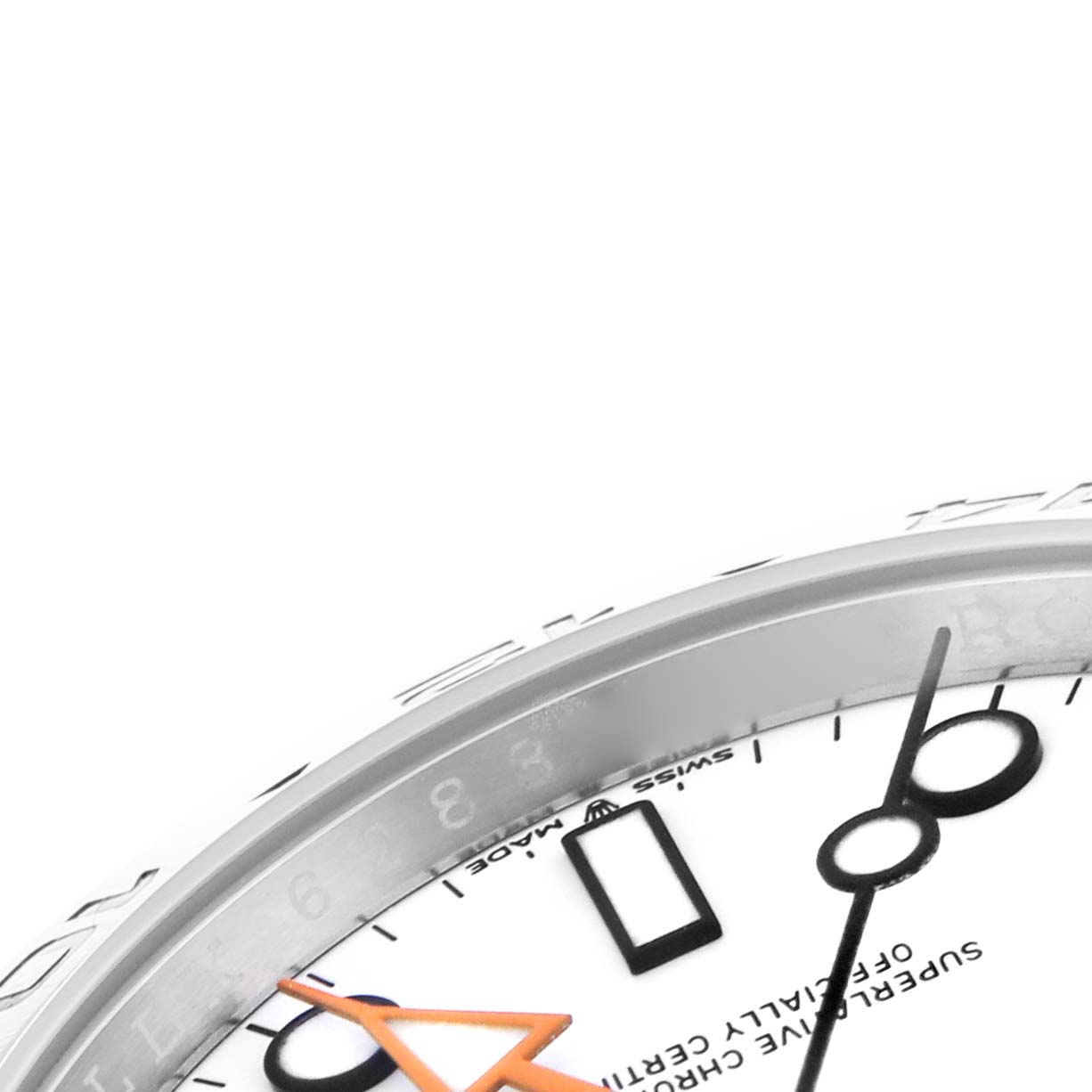The image shows a close-up of the dial and bezel edge of the Rolex Explorer 226570 Men
s Stainless Steel White Dial 226570 Men
s Stainless Steel White Dial watch, featuring the hour hand and part of the minute markings.