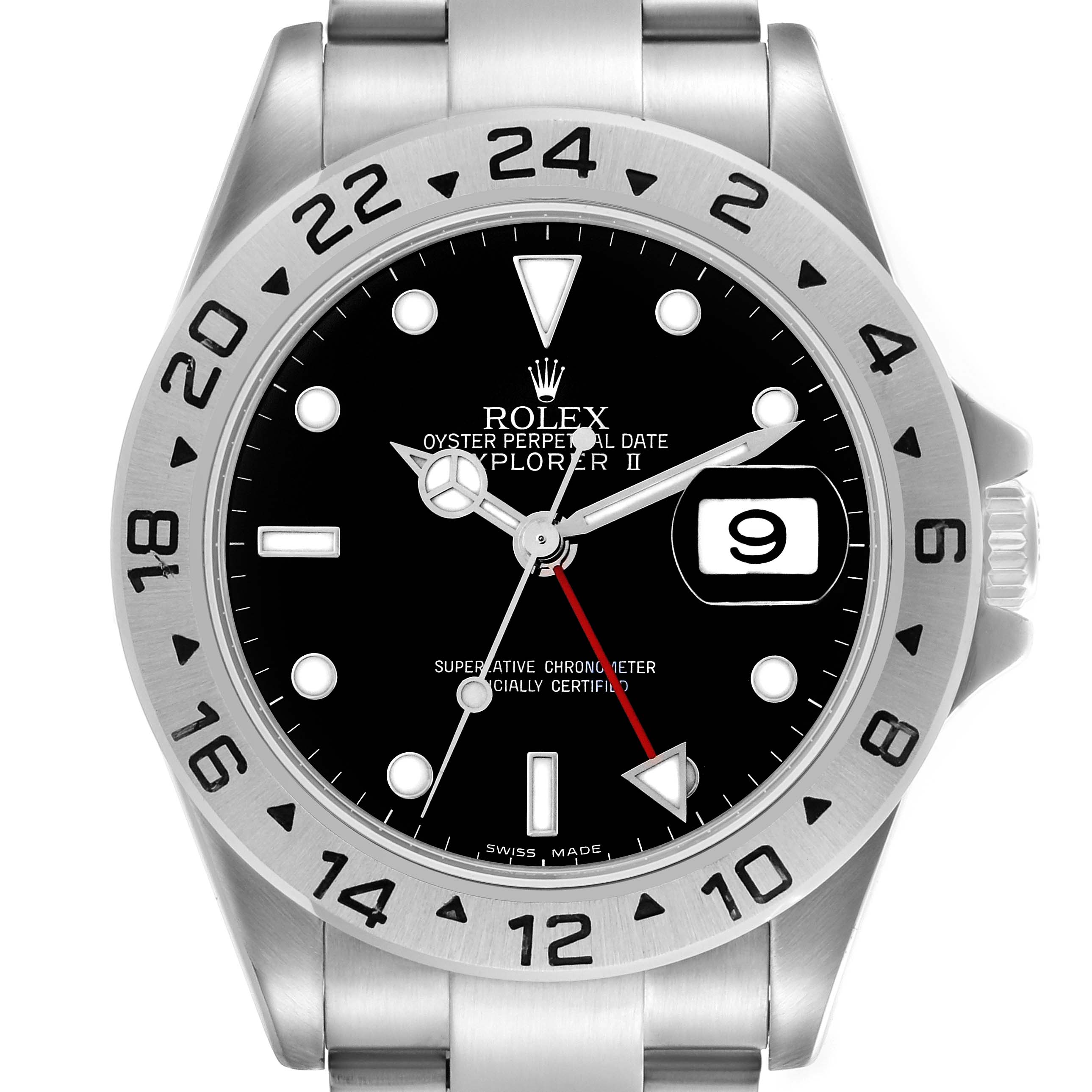 The Rolex Explorer 16570 Men
s Stainless Steel Black Dial 16570 Men
s Stainless Steel Black Dial watch is shown from a top-down angle, highlighting the dial, bezel, and bracelet.