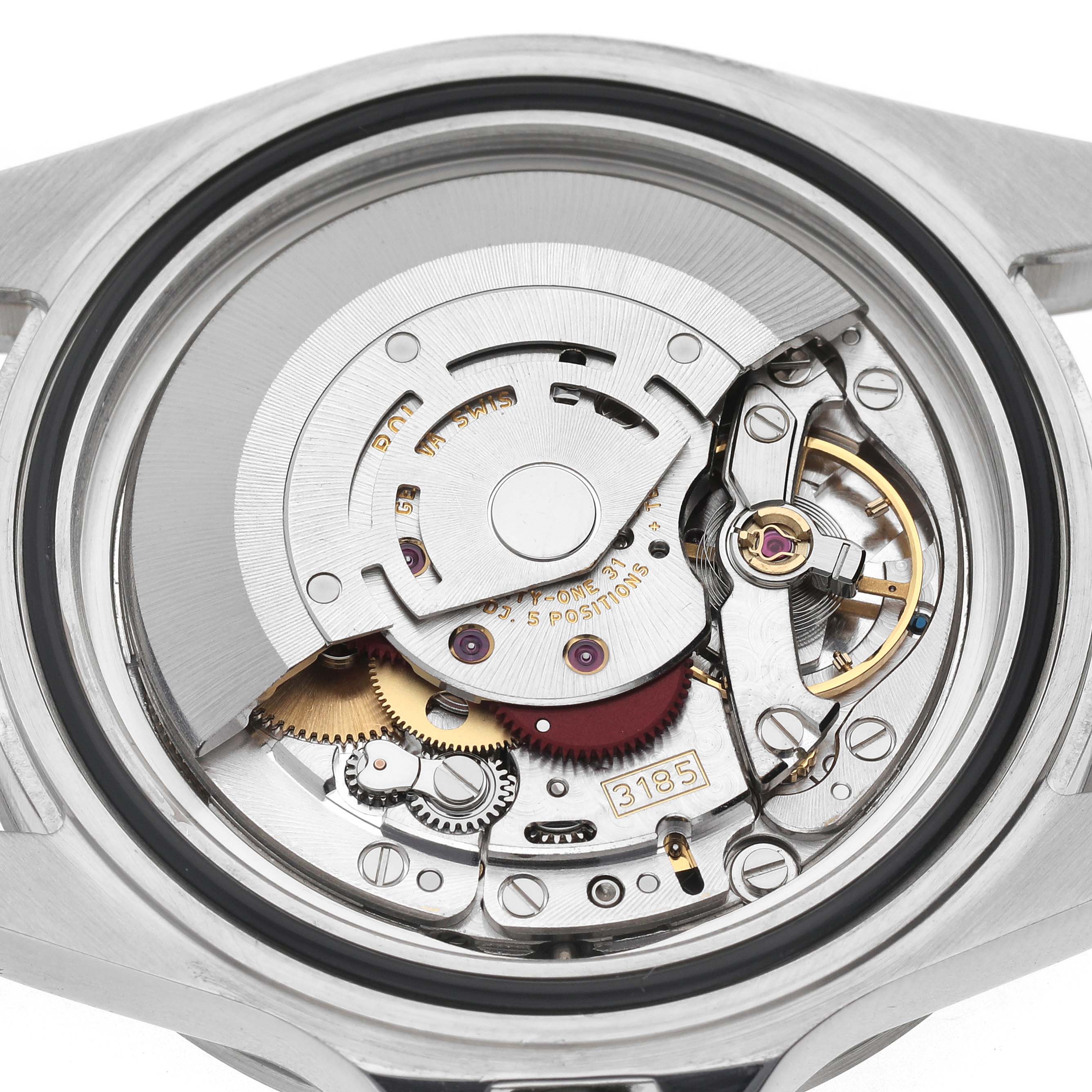 The image shows the internal movement of a Rolex Explorer 16570 Men
s Stainless Steel Black Dial 16570 Men
s Stainless Steel Black Dial watch, focusing on the rotor and gears.