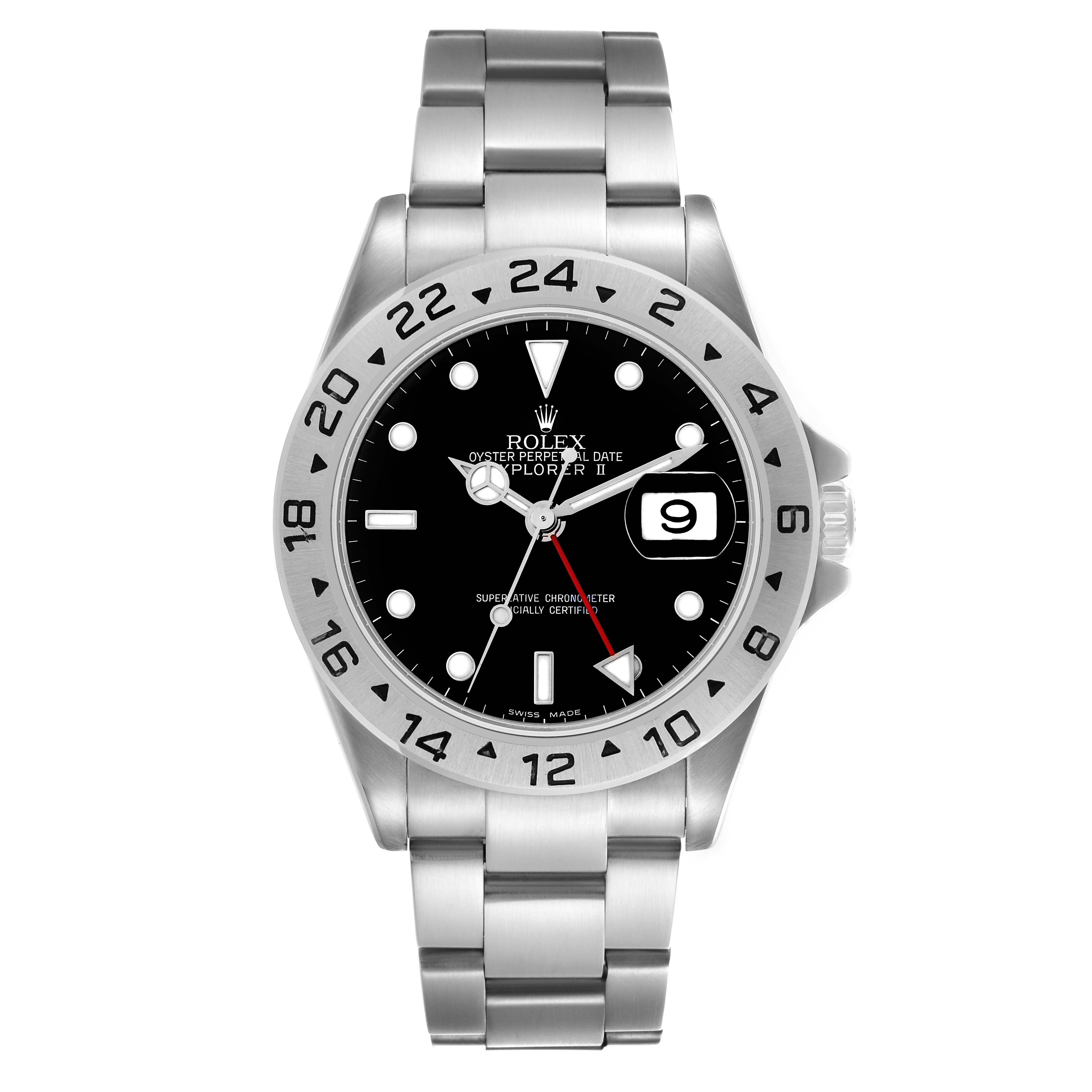 The Rolex Explorer 16570 Men
s Stainless Steel Black Dial 16570 Men
s Stainless Steel Black Dial model is shown from the front, highlighting the dial, bezel, bracelet, and date window.