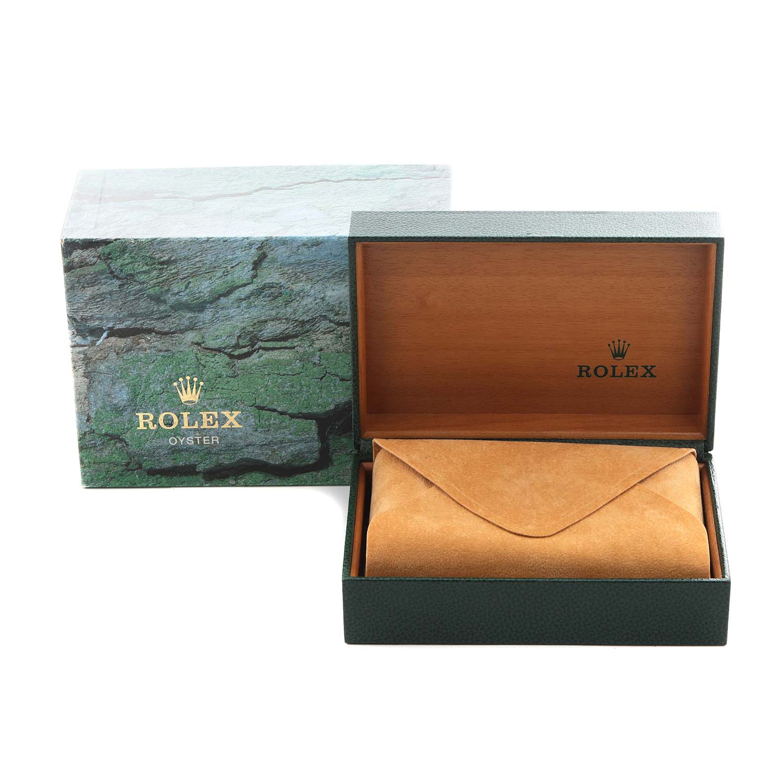 The image shows an open Rolex Explorer 16570 Men
s Stainless Steel Black Dial 16570 Men
s Stainless Steel Black Dial watch box and a suede pouch, both from a slight top angle.