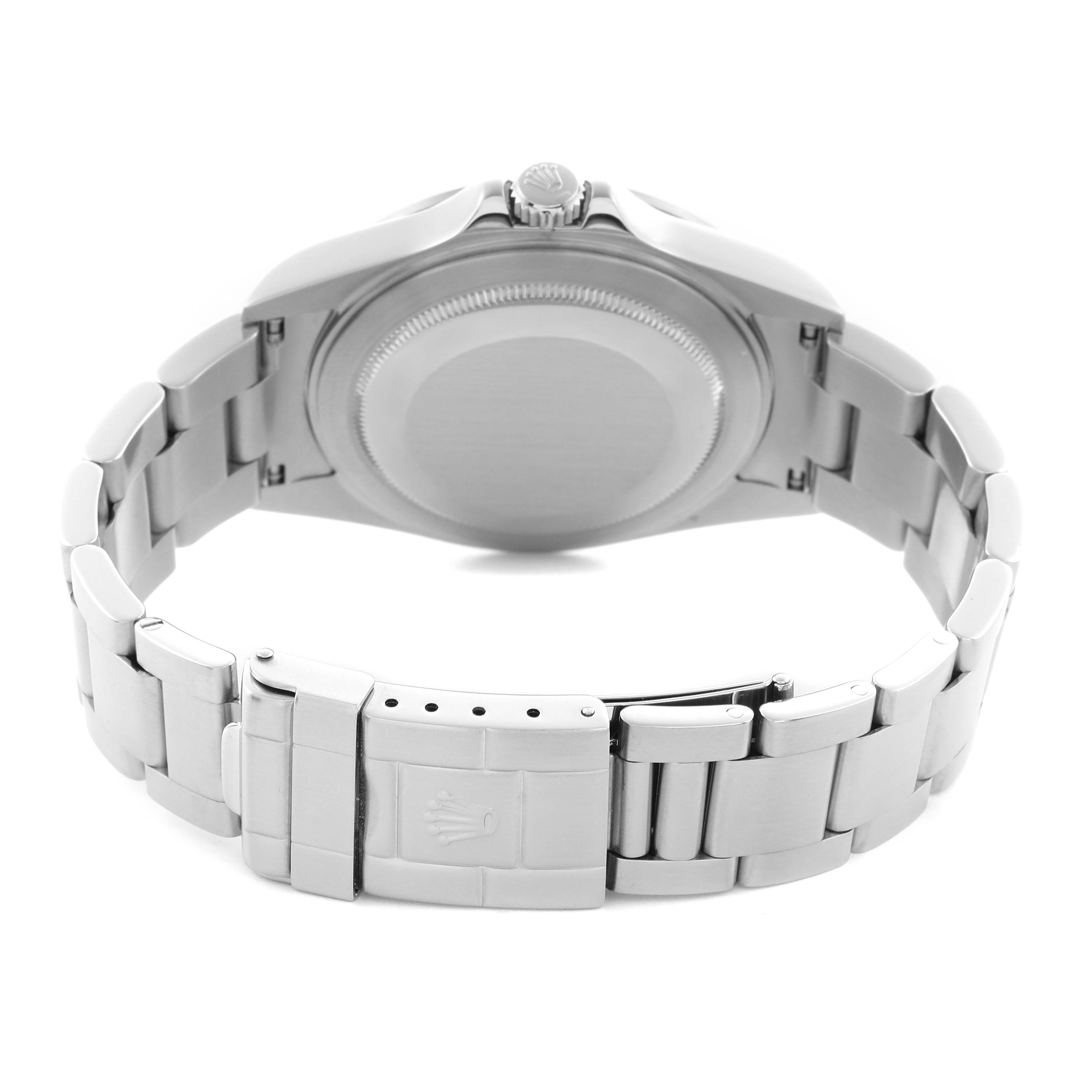 The Rolex Explorer 16570 Men
s Stainless Steel Black Dial 16570 Men
s Stainless Steel Black Dial watch is shown from the back, showcasing the case back and the bracelet with its clasp.