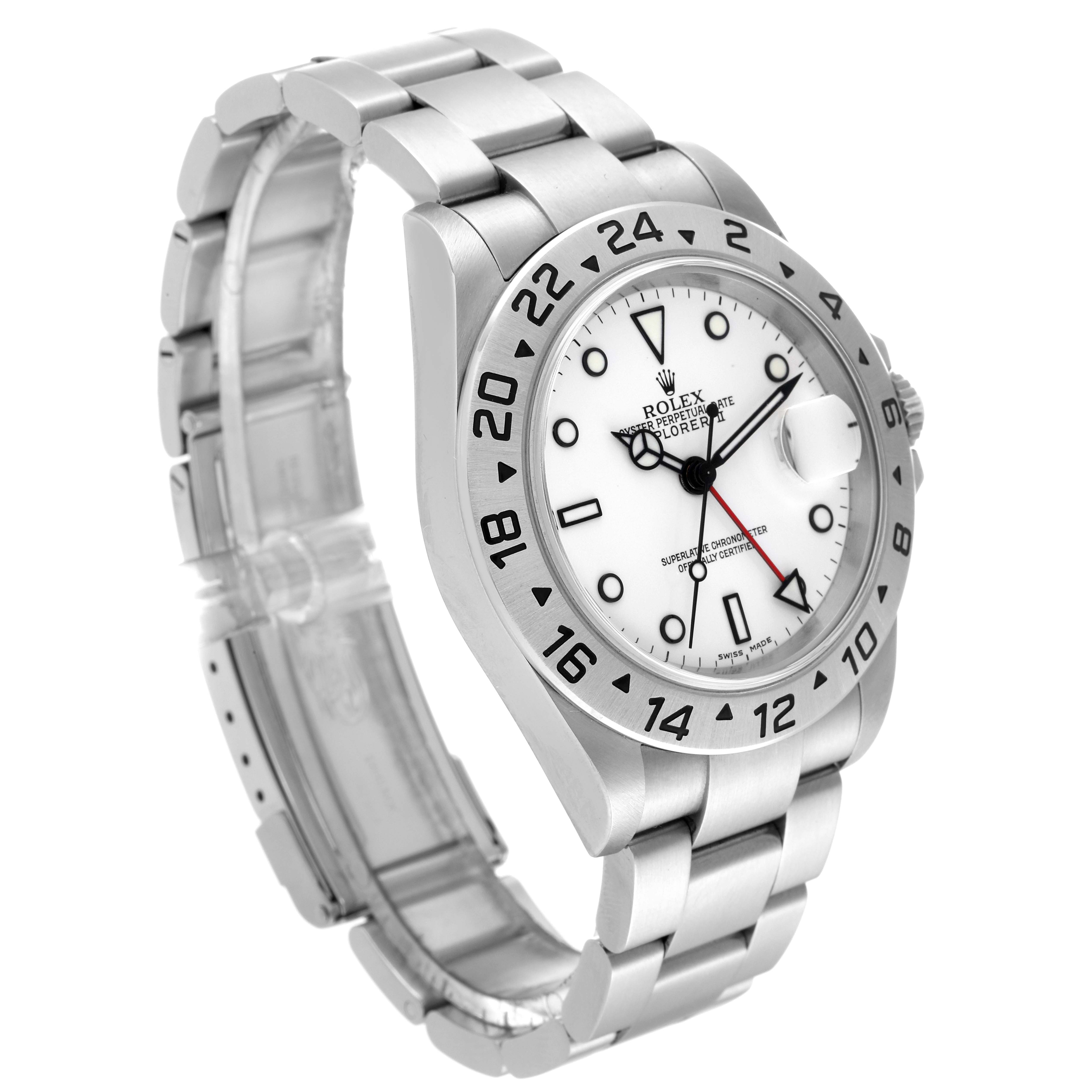 The Rolex Explorer 16570T Men
s Stainless Steel White Dial 16570T Men
s Stainless Steel White Dial watch is shown at a slight angle, displaying the dial, bezel, bracelet, and clasp.