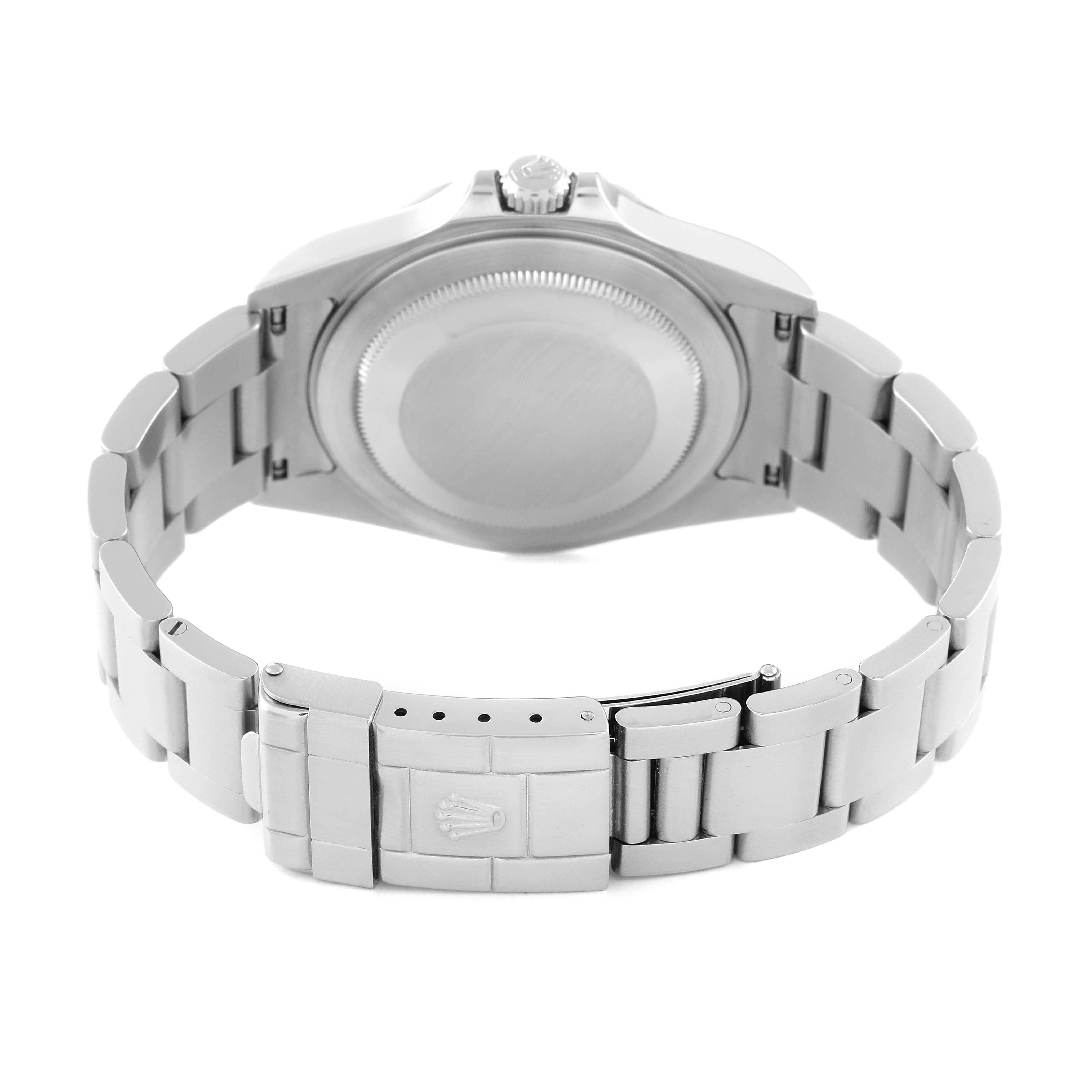 The image shows the back view of the Rolex Explorer 16570T Men
s Stainless Steel White Dial 16570T Men
s Stainless Steel White Dial watch, highlighting its case back, bracelet, and clasp.