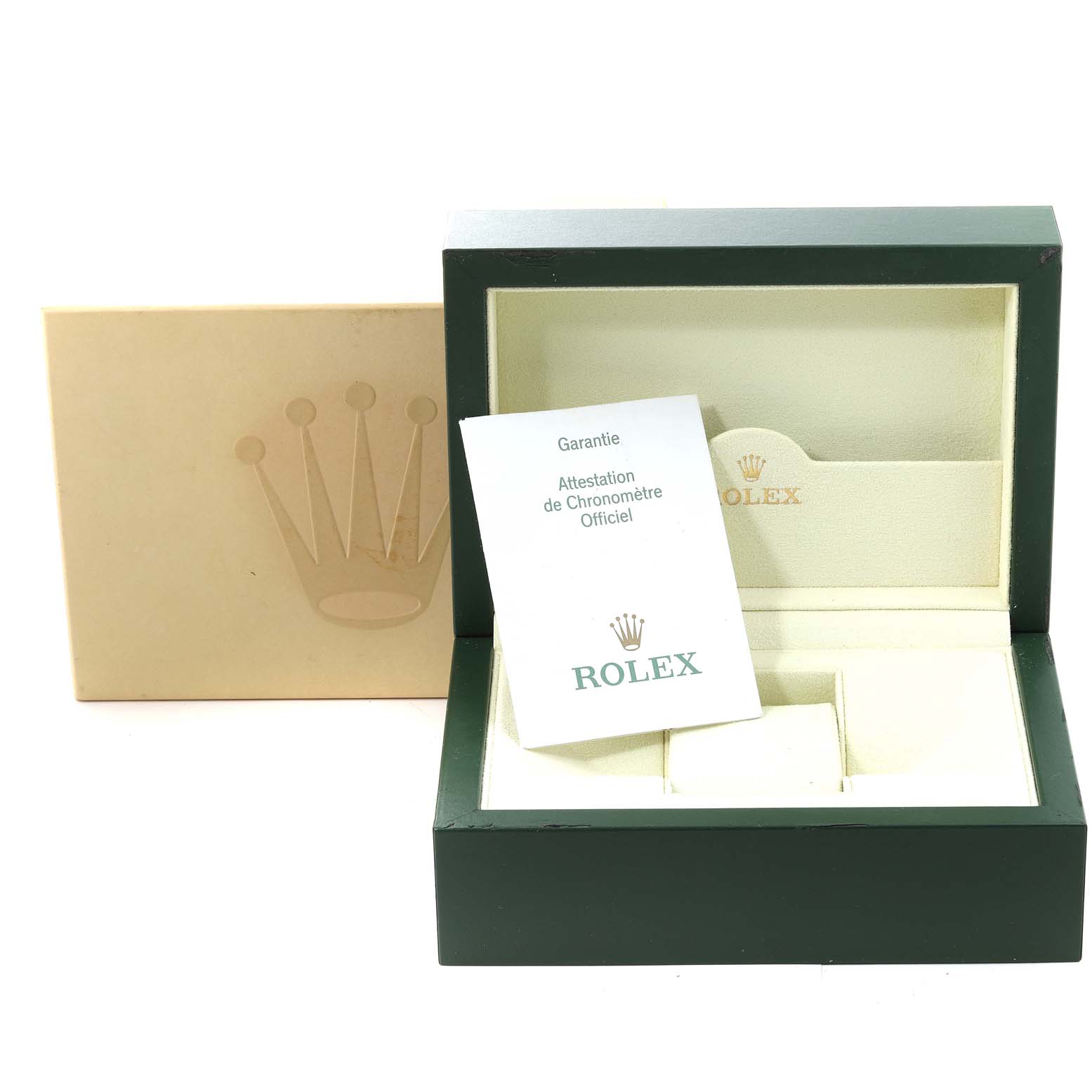 The image shows the open box and certificate for a Rolex Explorer 16570T Men
s Stainless Steel White Dial 16570T Men
s Stainless Steel White Dial model watch, viewed from the front.