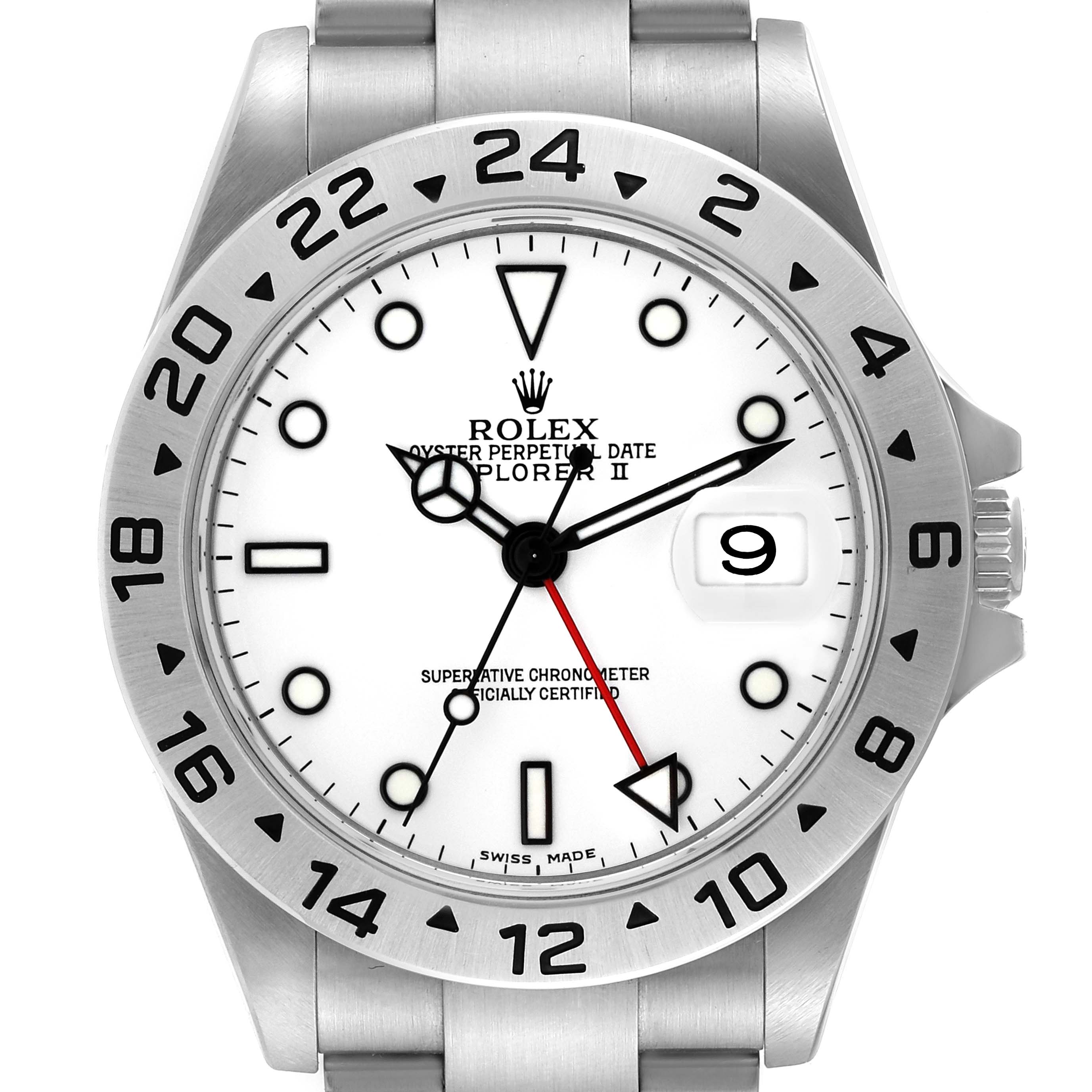 This image shows a frontal view of a Rolex Explorer 16570T Men
s Stainless Steel White Dial 16570T Men
s Stainless Steel White Dial watch, highlighting the face, bezel, hands, and crown.