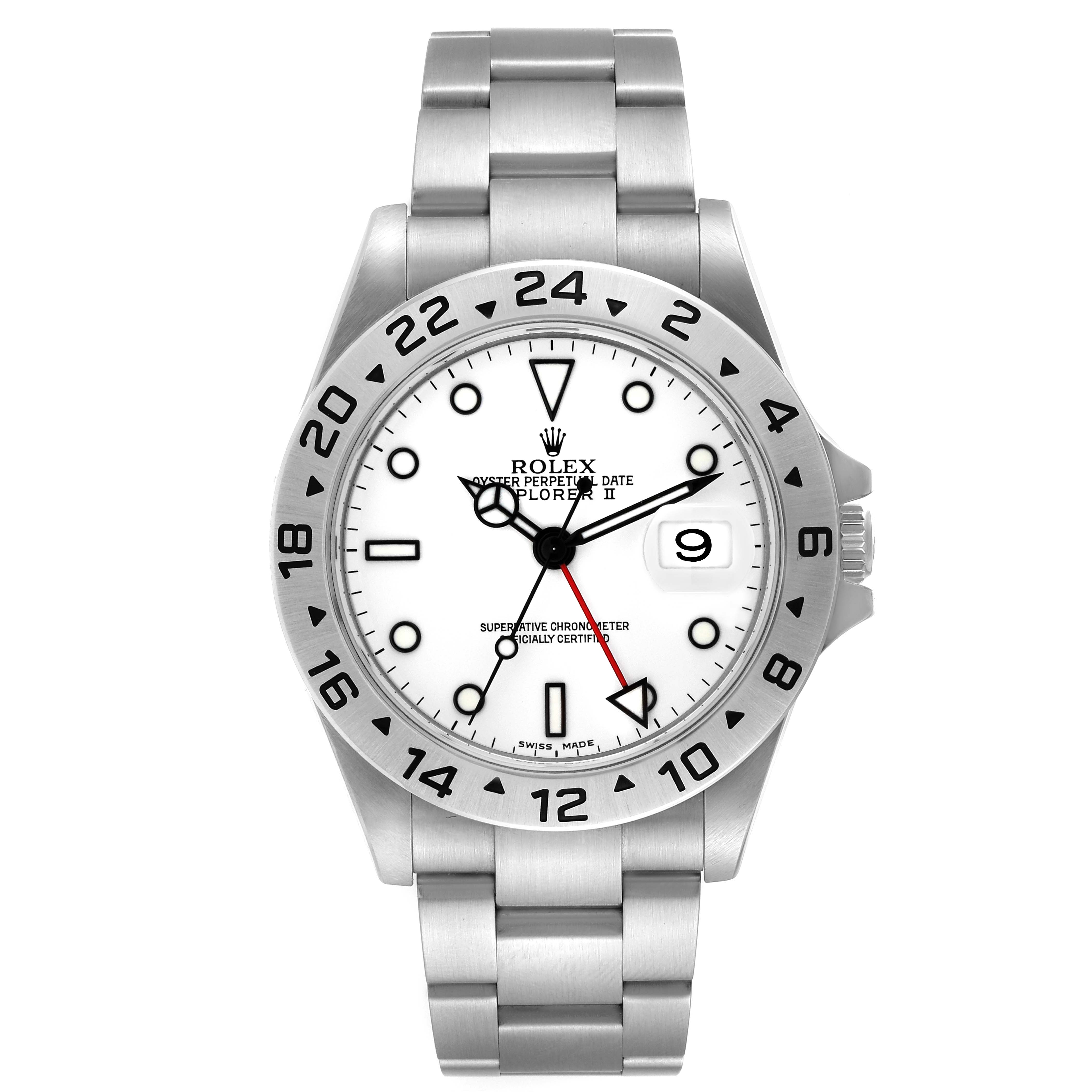 This Rolex Explorer 16570T Men
s Stainless Steel White Dial 16570T Men
s Stainless Steel White Dial model watch is shown from a front angle, displaying its dial, bezel, and bracelet.