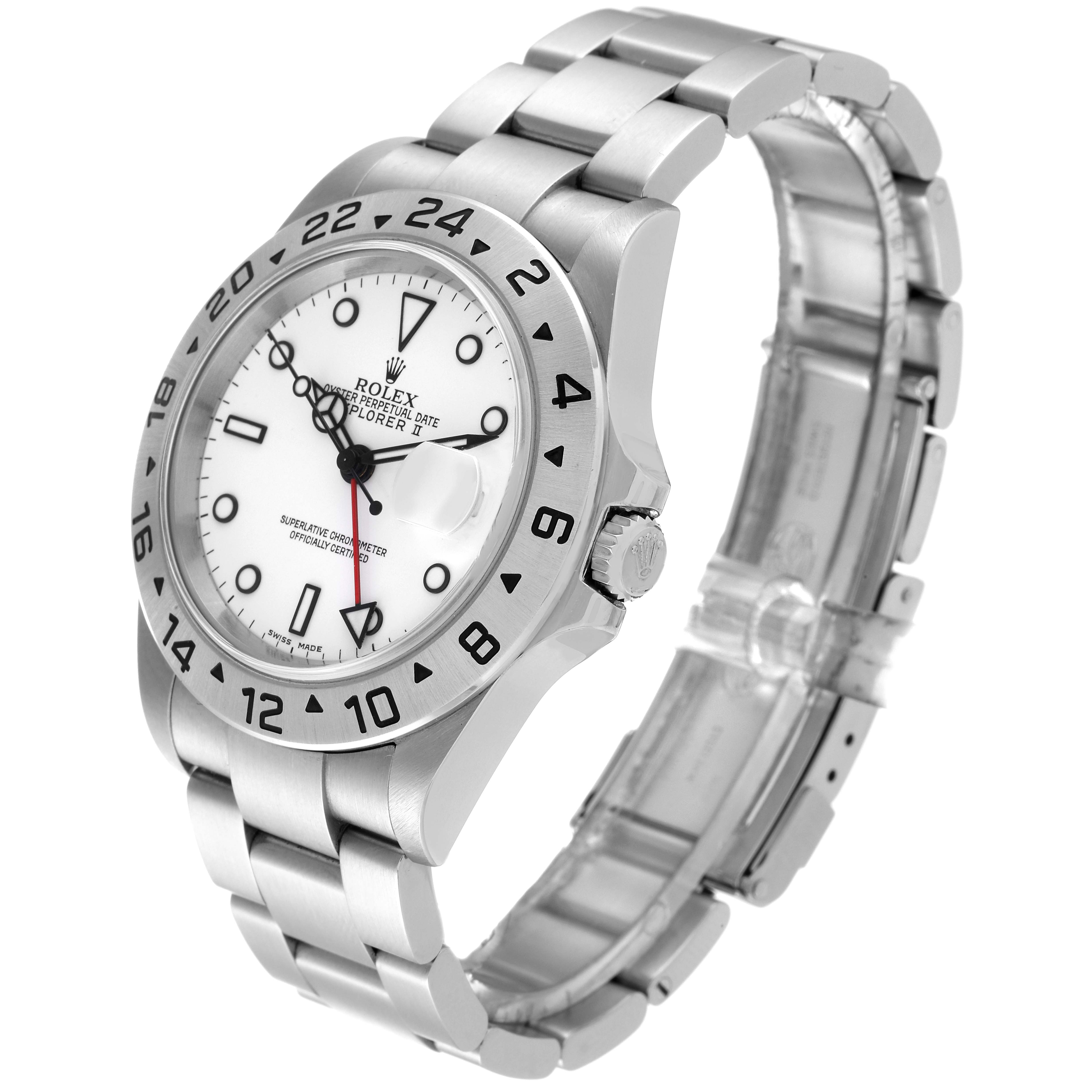 The image shows the Rolex Explorer 16570T Men
s Stainless Steel White Dial 16570T Men
s Stainless Steel White Dial watch at a three-quarter angle, highlighting its dial, bezel, crown, and bracelet.